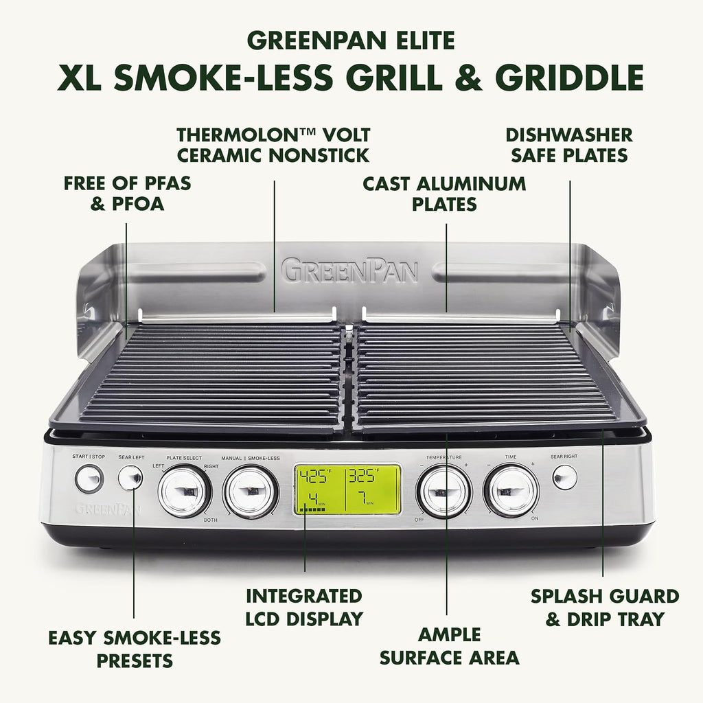 GreenPan Elite XL Smoke-less Grill and Griddle, Healthy Ceramic Nonstick Interchangeable/Removeable Cast Aluminum Plates, Indoor BBQ Sear Sizzle, LCD Display, Splash Guard, Drip Tray, PFAS-Free, Black