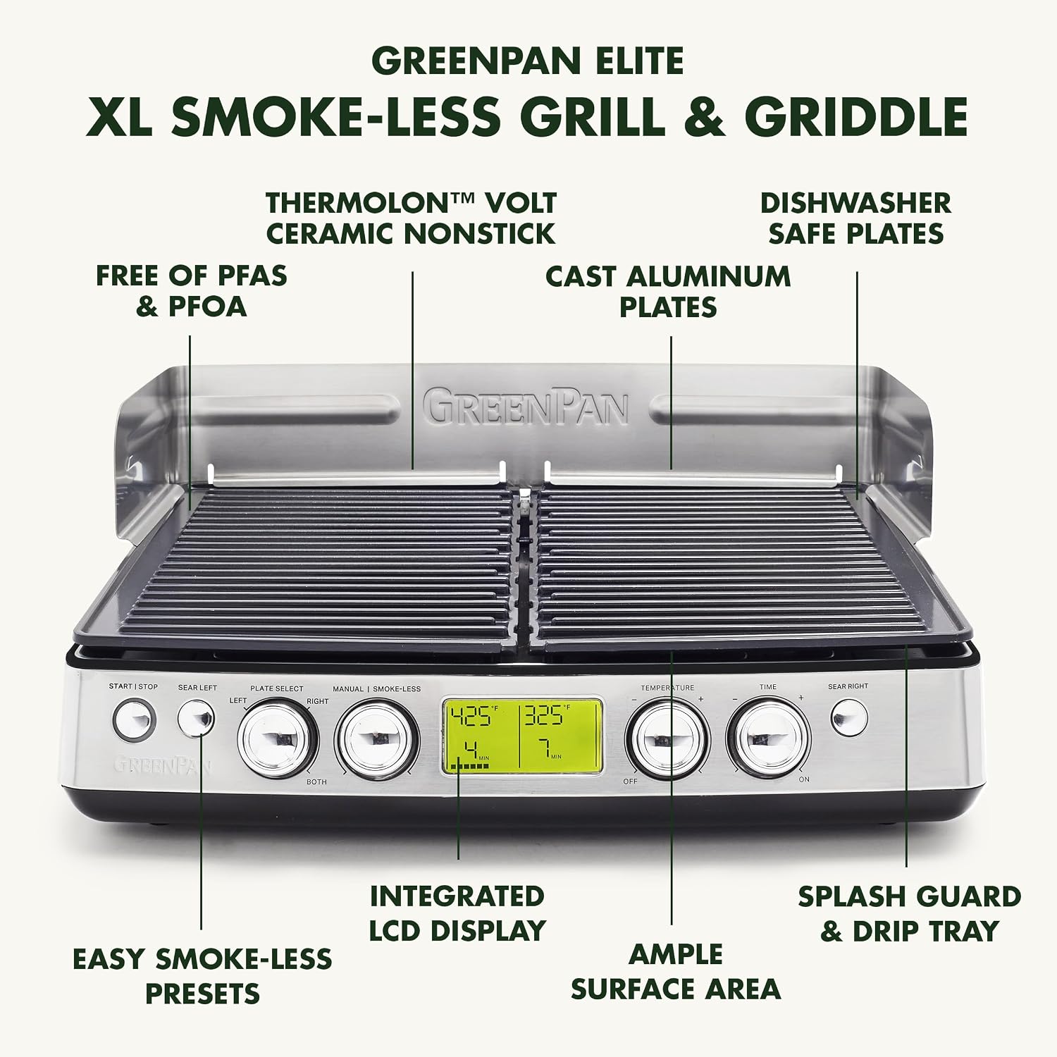 GreenPan Elite XL Smoke-less Grill and Griddle, Healthy Ceramic Nonstick Interchangeable/Removeable Cast Aluminum Plates, Indoor BBQ Sear Sizzle, LCD Display, Splash Guard, Drip Tray, PFAS-Free, Black