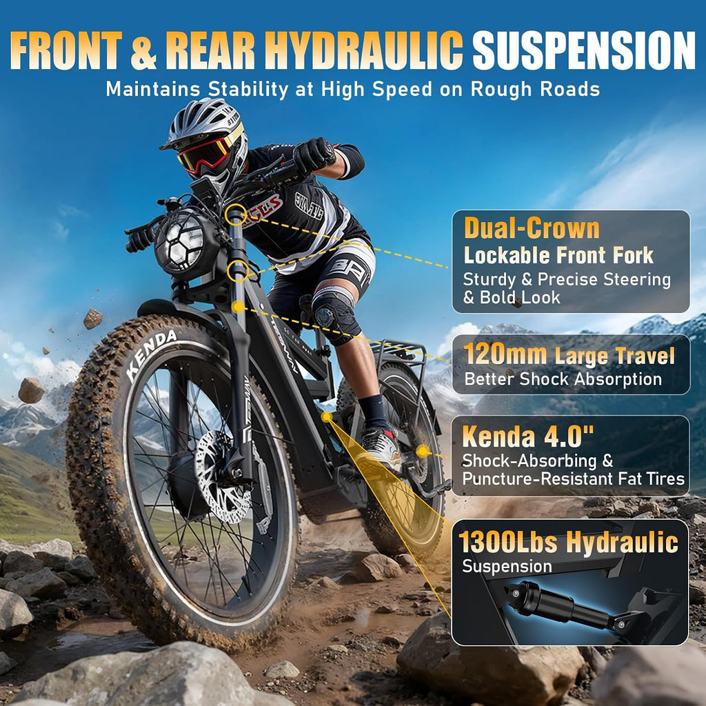 TESWAY X9 Ultra Dual Motor Ebike, 26' Fat Tire Full Suspension AWD Electric Bike for Adults, 4000W 43MPH 240NM, 60V 30Ah(Camo)/25Ah(Other) 120 Miles Long Rang