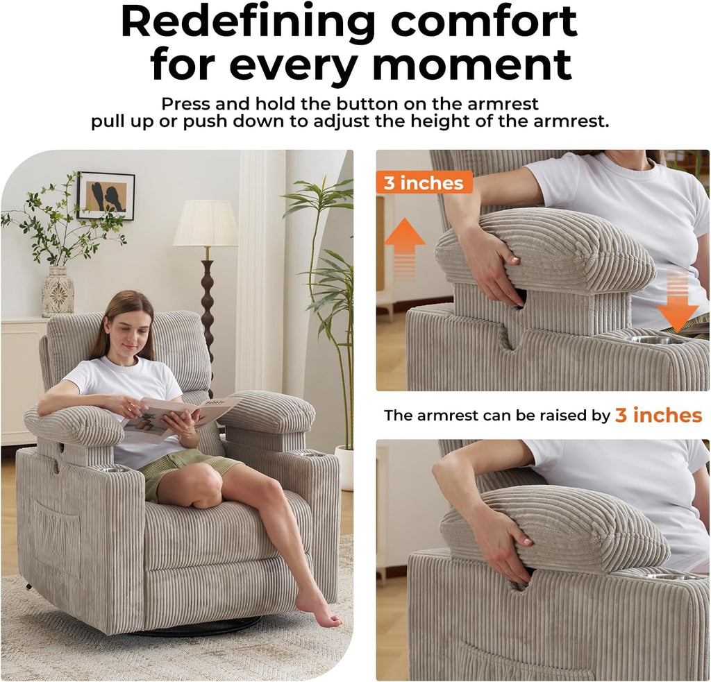 Oversized Power Recliner Chair Swivel Glider with Massage and Heat, Swivel Rocker Recliner with Adjustable Armrests, 26' Wide Nursery Chair with Storage Ottoman, Rocker Nursery Recliner,Corduroy Grey