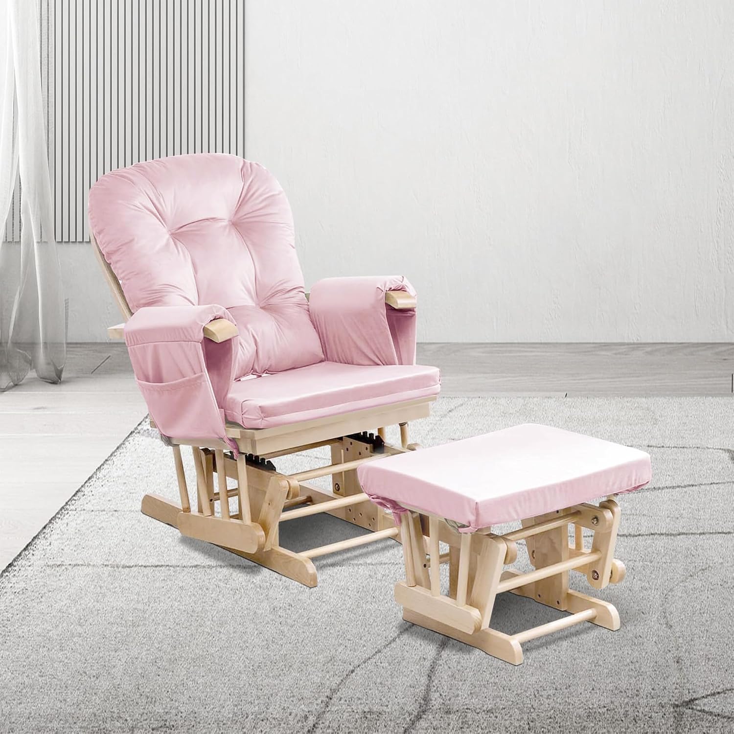 Lucky Monet 5Pcs Glider Rocker Replacement Cushions - Velvet Glider Cushions Replacement Set with Side Storage Pockets, Thick Chair Cushions Washable & Non Slip, Cushion ONLY - Pink
