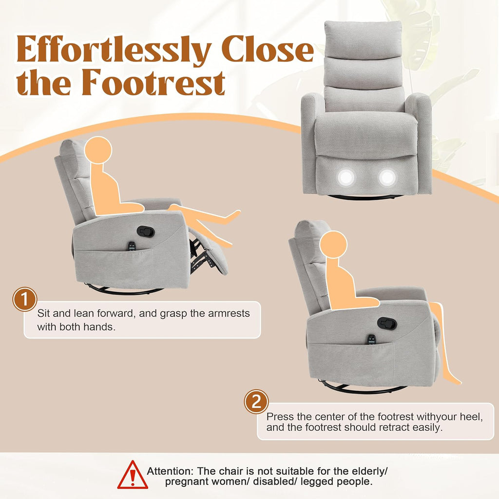 Manual Swivel Rocker Recliner Chair for Adults, Overstuffed Reclining Glider Chair for Nursing with Vibration Massage & Heat, Living Room Rocking Recliner 3-Stage backrest, Chenille Fabric Light Gray