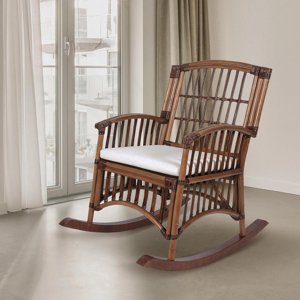 JONATHAN Y RCK200A Swayze Bohemian Farmhouse Woven Rattan/Wood Rocking Chair White Cushion with Brown Frame for Home, Living Room, Bedroom. Guestroom, Foyer, Library