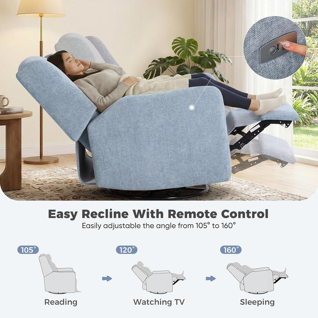 Power Glider Recliner Nursery Chair w/USB Ports, Soft Chenille Glider Rocking Chair with Ottoman, Swivel Glider Chair with Lumbar Pillow for for Nursery, Blue
