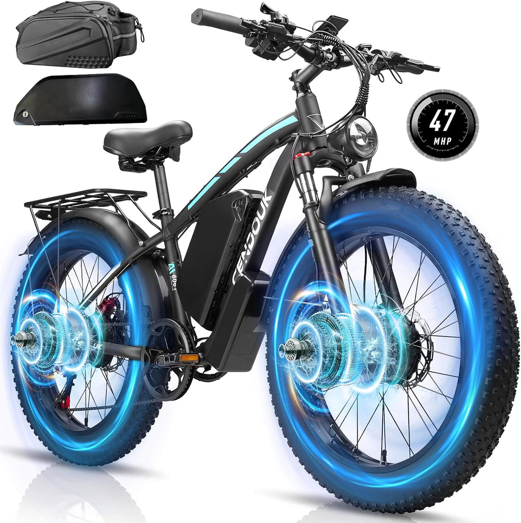 Dual Motor Ebike 9000W Peak with 58V Max-Output 36AH Battery for Adults 24' Fat Tire Smart Display 47MPH 35-105Miles Electric Bike with Frame Bag for Travel