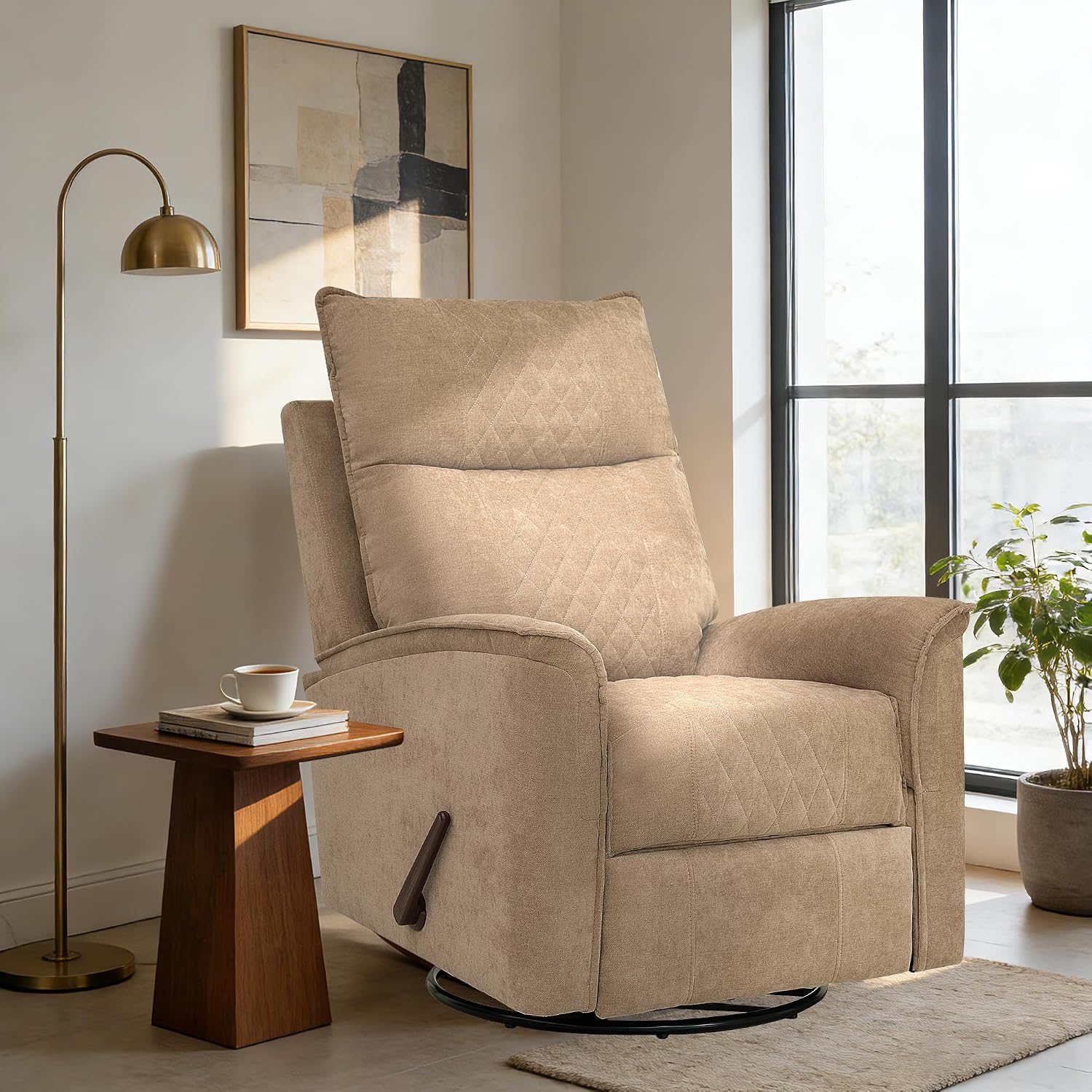 Swivel Rocker Recliner Chair for Adults, Rocking Chair, Small Swivel Recliner for Small Spaces, Living Room, Bedroom, RV(Khaki)