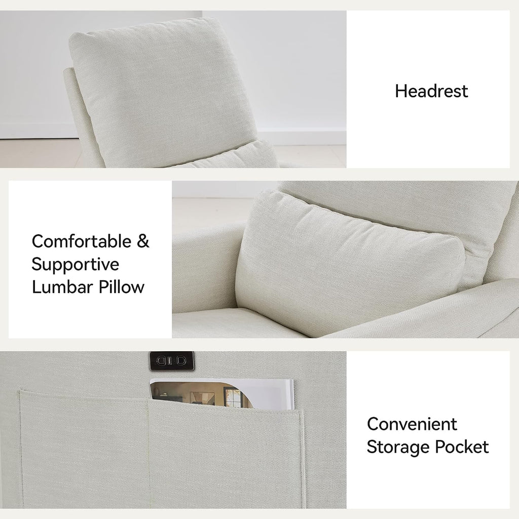 Power Swivel Rocker Recliner,Fabric Glider Recliner Nursery Chair,Small Rocking Chair,Single Reclining Sofa with Lumbar Support,USB&Type-C Ports,Living Room Home Threater Seat, Ivory White