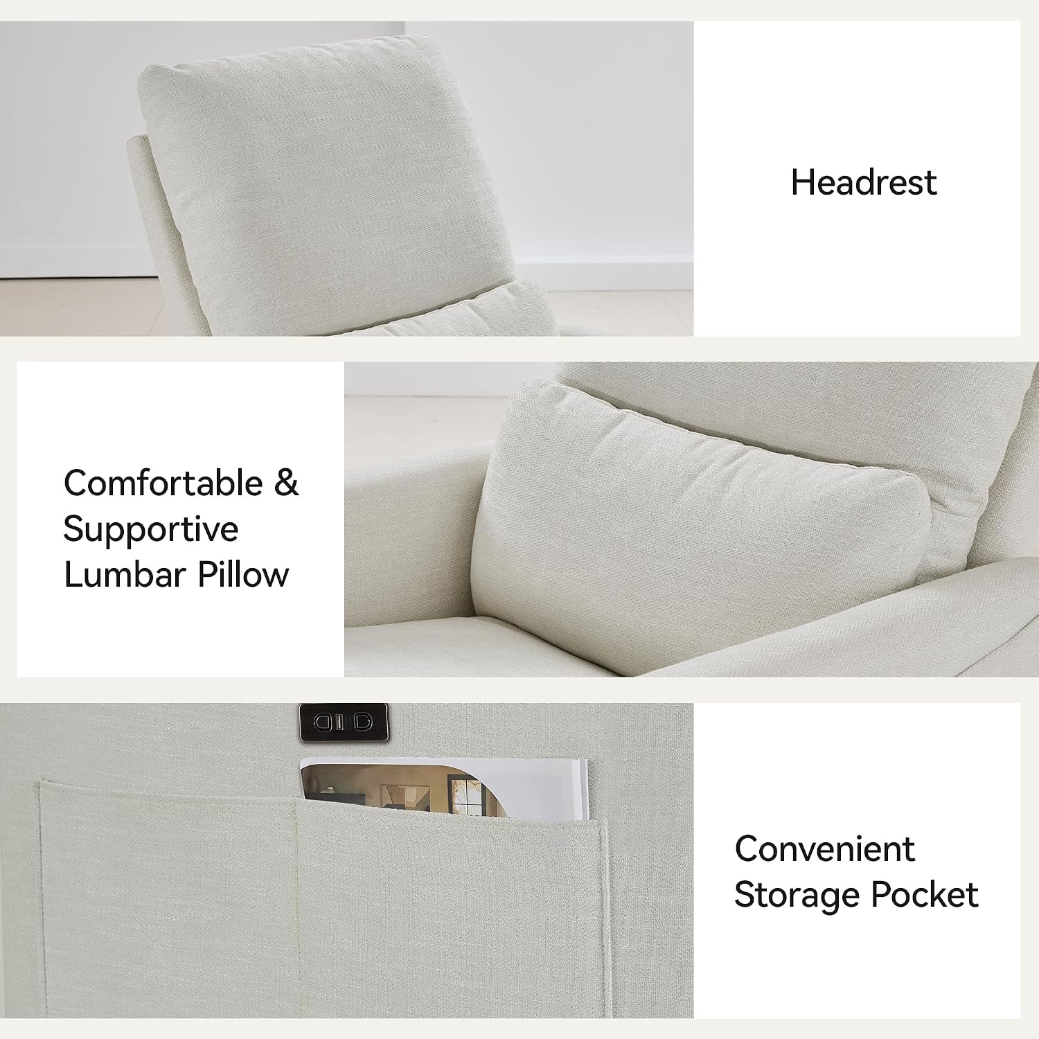 Power Swivel Rocker Recliner,Fabric Glider Recliner Nursery Chair,Small Rocking Chair,Single Reclining Sofa with Lumbar Support,USB&Type-C Ports,Living Room Home Threater Seat, Ivory White