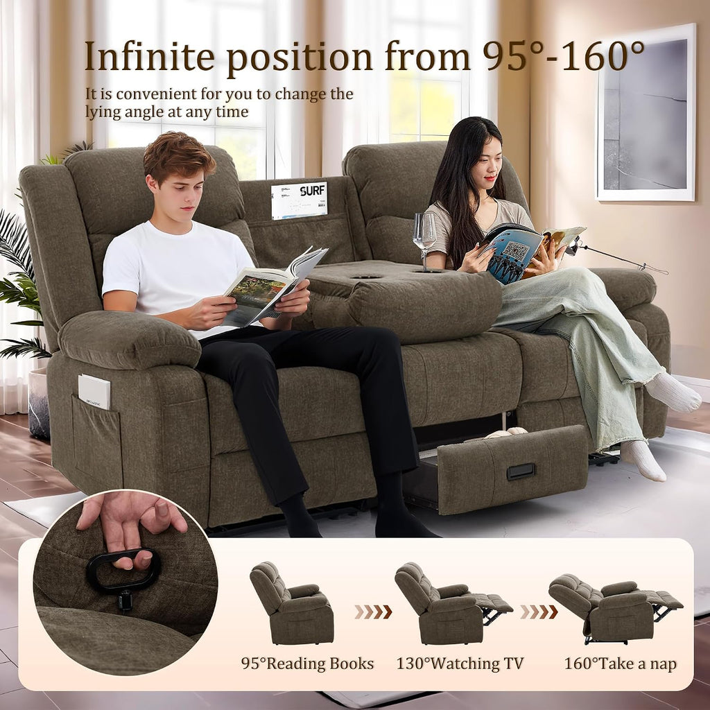 Korser Recliner Sofa, Reclining Loveseat with Console, Oversized Reclining Couch with Drop Down Table, 3-Seater Sofa with Cup Holder and Recessed Power Strip, Brown
