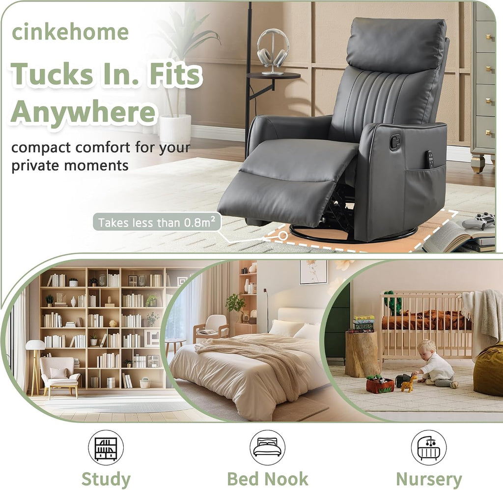 cinkehome Heated Massage Swivel Rocker Recliner Chair for Nursery - Small Space Reclining Chair with Lumbar Support, 360° Swivel & Gentle Rocking, Ergonomic High Back Faux Leather Gray