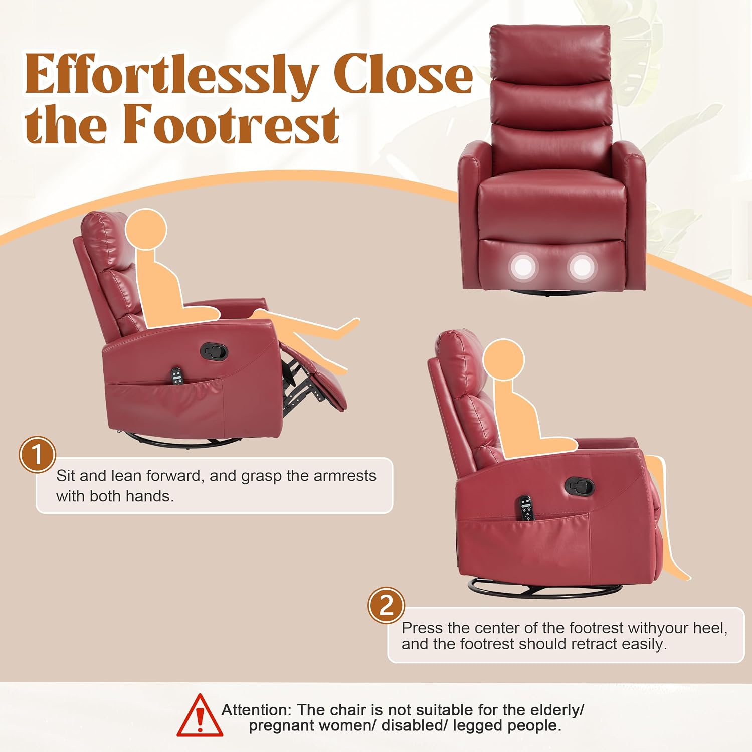 Manual Swivel Rocker Recliner Chair for Adults, Overstuffed Reclining Glider Chair for Nursing with Vibration Massage & Heat, Living Room Rocking Recliner 3-Stage backrest, Faux Leather Red