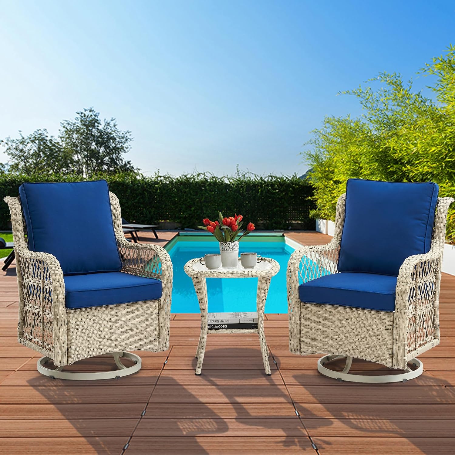 GAOMON 3 Piece Outdoor Patio Set, Wicker Rocking Bistro Set with 2 Swivel Chairs & Tempered Glass Top Table, Rattan Outdoor Furniture with Cushions for Patio Porch Backyard,Beige/Light Blue Cushion