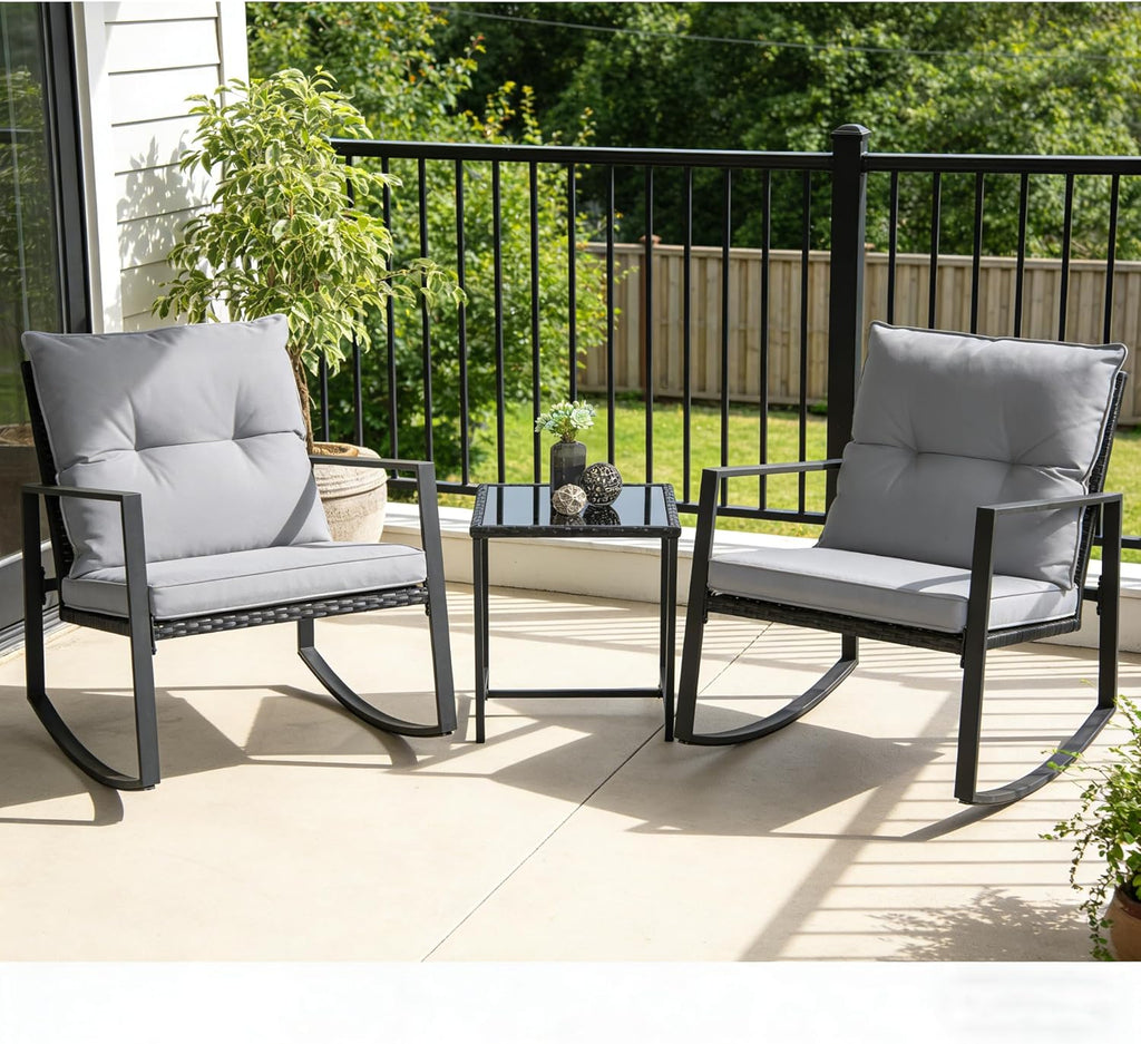 SUNCROWN 3 Piece Outdoor Rocking Bistro Set Black Wicker Furniture Porch Chairs Conversation Sets with Glass Coffee Table, Dark Grey