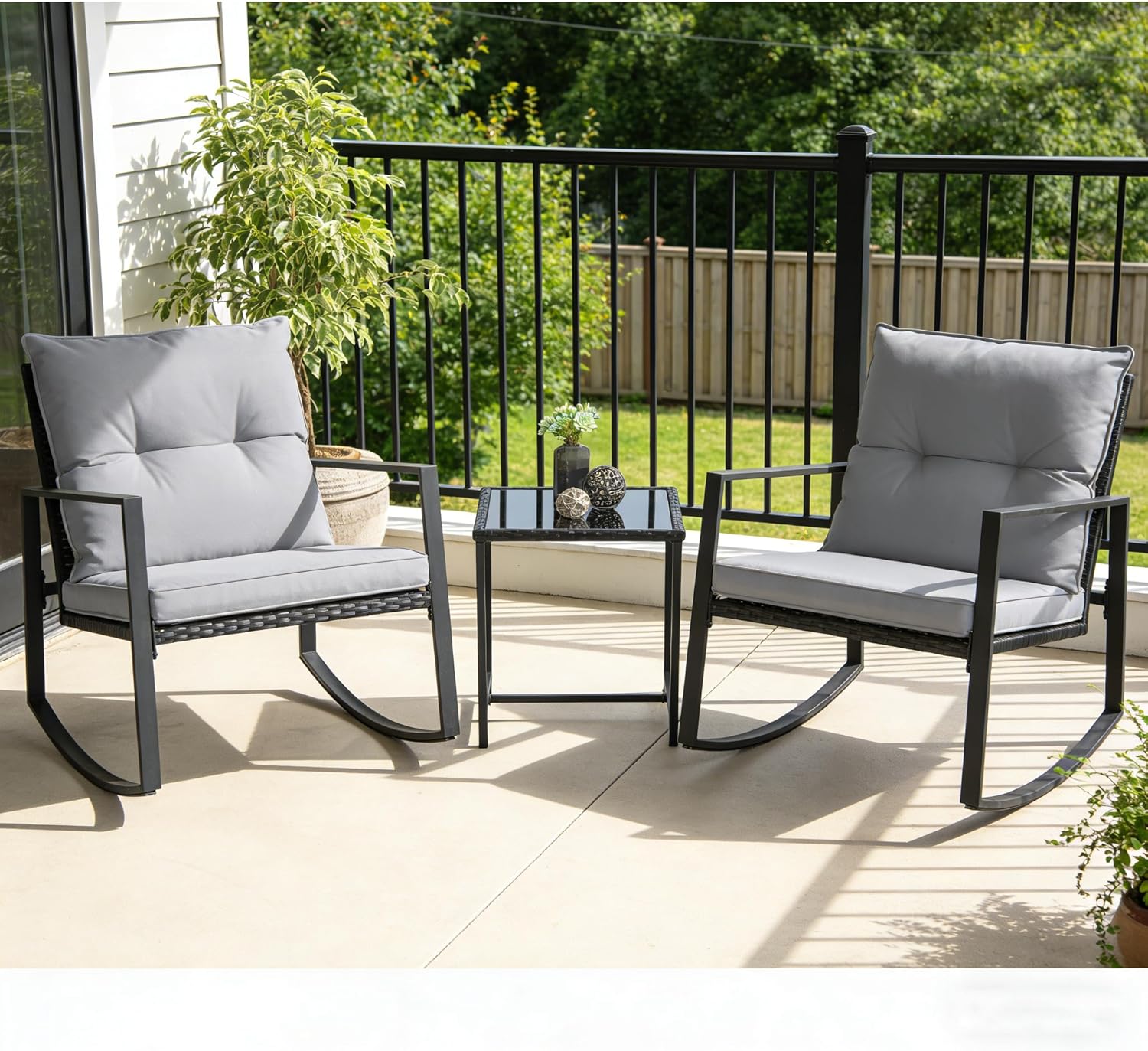 SUNCROWN 3 Piece Outdoor Rocking Bistro Set Black Wicker Furniture Porch Chairs Conversation Sets with Glass Coffee Table, Dark Grey
