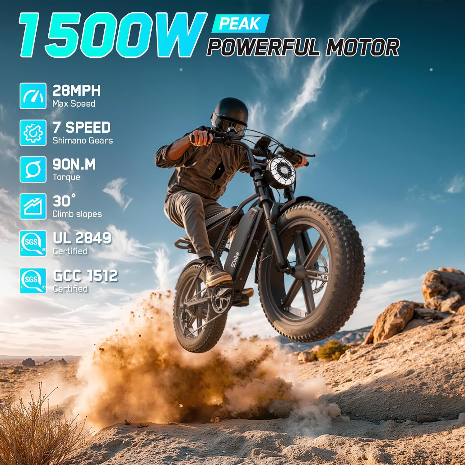 TST Electric Bike for Adults, 1500W Peak Motor 60/100 Miles Fat Tire Ebike with 48V 15Ah/25Ah Removable Battery 20' Electric Dirt Bike Full Suspension and 7-Speed