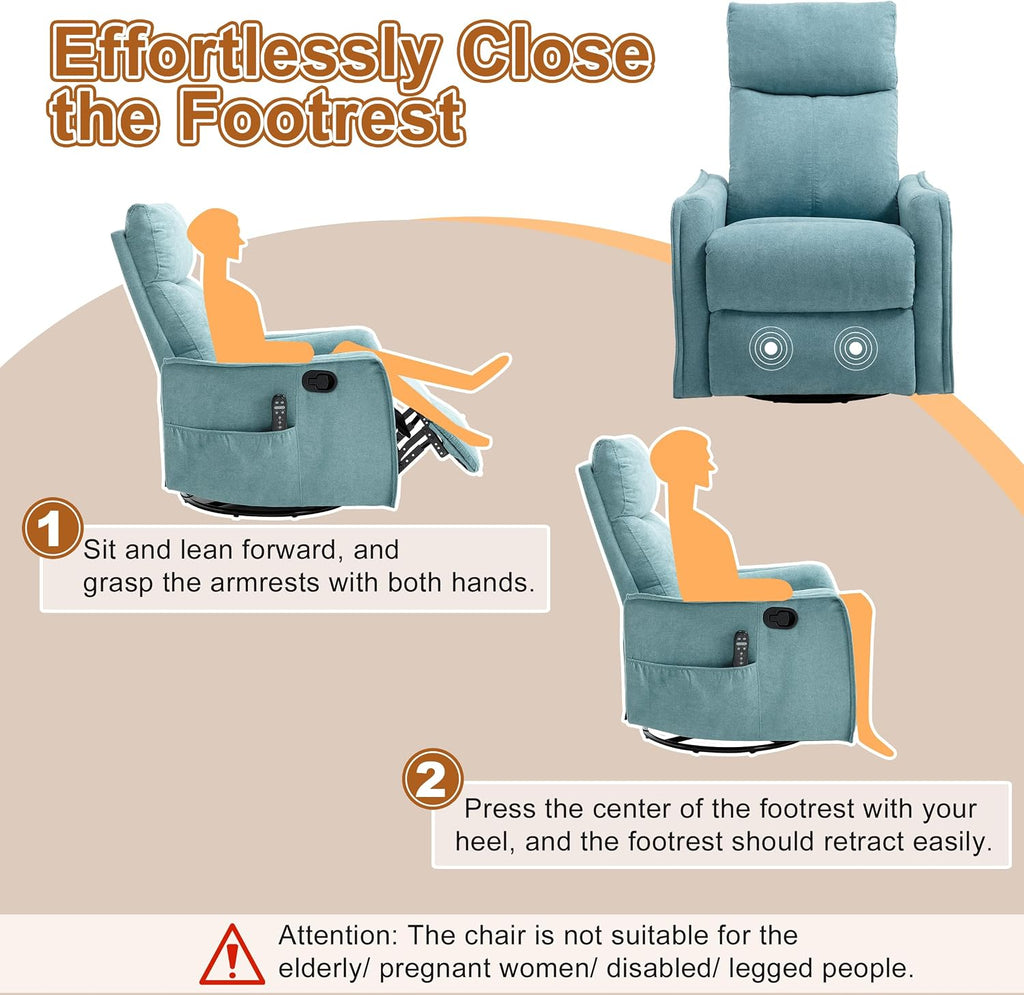 Manual 360° Swivel Rocker Recliner Chair for Adults, Overstuffed Glider Chair for Nursery with Vibration Massage & Heat, Comfy Soft Fabric Recliner Chair with Side Pockets for Living Room, Blue Green
