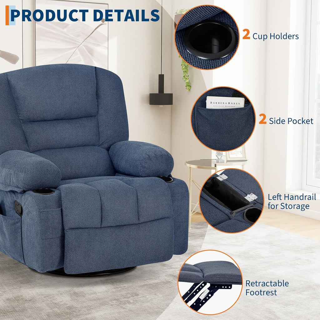 Rocker Recliner Chair with Heat and Massage,Nursery Recliner 360° Swivel Oversized Chairs for Adults,Chenille Lazy Boy Single Sofa Seat with 3 Positions,Side Pockets,2 Cup Holders for Living Room,Blue
