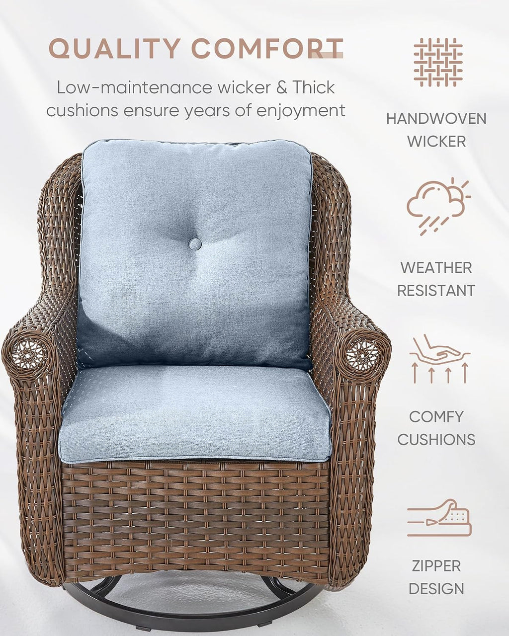 Patio Chairs Outdoor Swivel Glider - Set of 2 High Back Outside Brown Wicker Rattan Rocking Chair with Thick Cushion for Porch Apartment Deck Yard Poolside Garden - Baby Blue