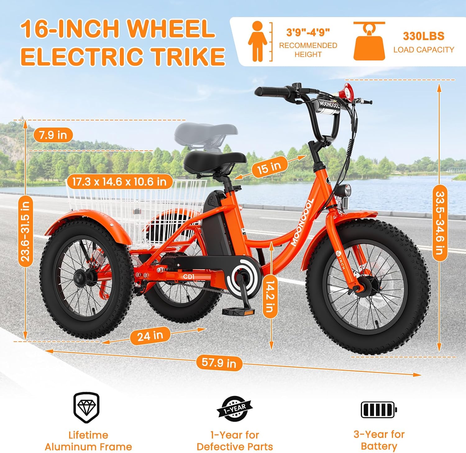MOOHOTO 16' Electric Tricycle for Small Riders, 3 Wheel Fat Tire E-Trike with Low Step-Through Aluminum Frame, Low-Speed Mode, Removable Battery, Rear Basket, Easy Control for Beginners