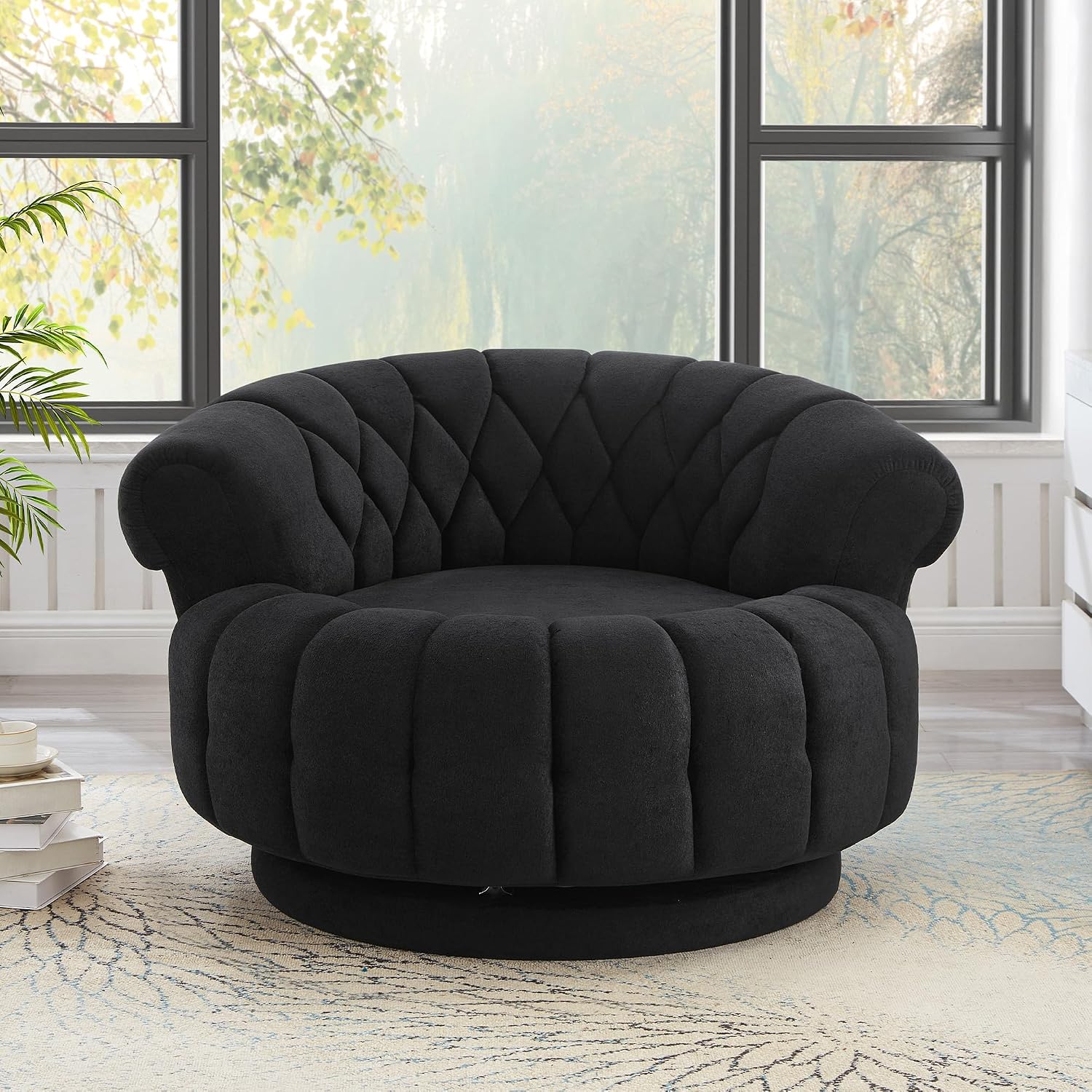 360° Swivel Accent Chair, Chenille Fabric Barrel Swivel Chair Round Club Chair with Curved Armrests & Thick Cushioning, Stylish Channel-Tufted & Diamond-Quilted Backrest for Living Room (Black,02)