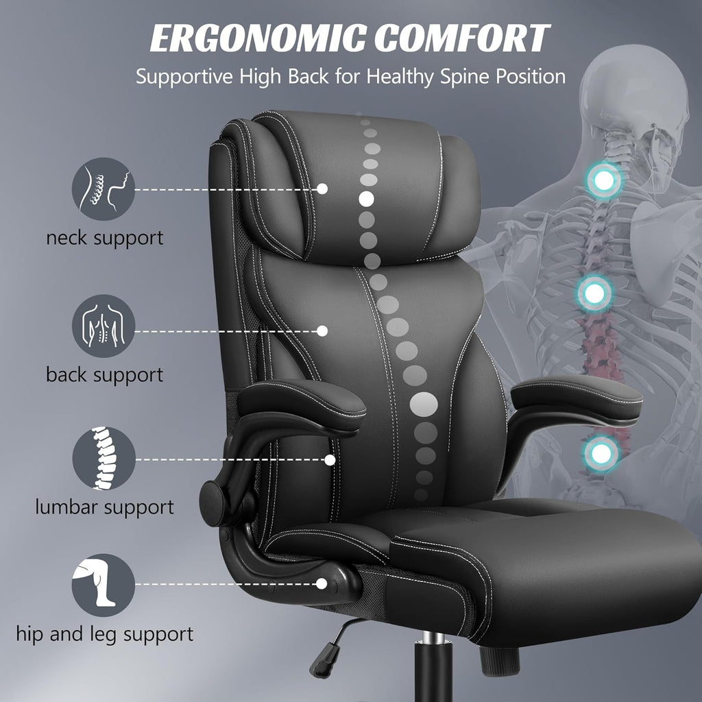 HeroSet Office Chair, Ergonomic Big and Tall Computer Desk Chairs, Executive Breathable Leather Chair with Adjustable Flip-up Armrests, Lumbar Support Swivel PC Chair with Rocking Function