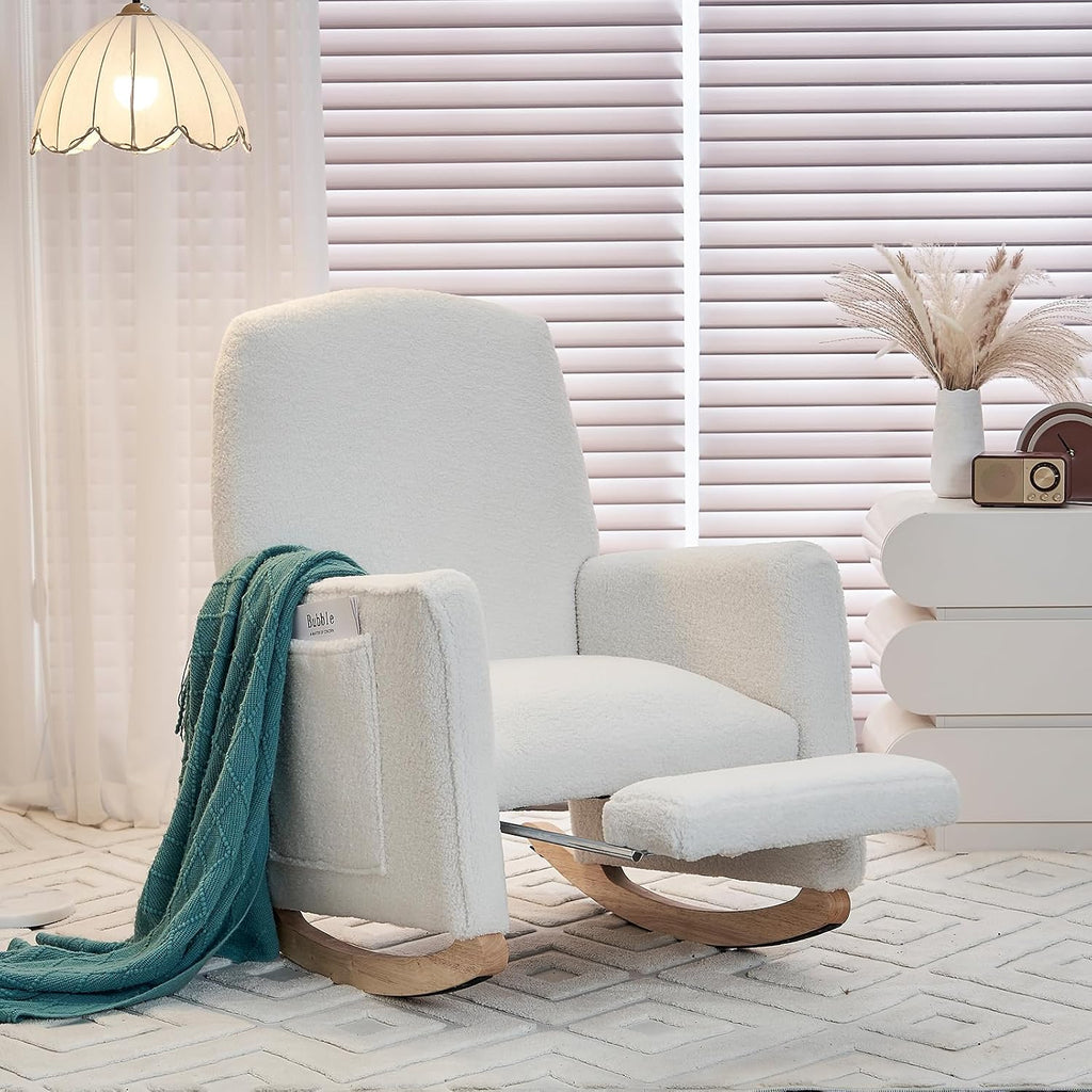 FOXHUNTER Rocking Chair Nursery with Adjustable Footrest and High Backrest, Upholstered Glider Chairs with Side Pockets for Nursery, Rocker Armchair Indoor for Living Room,White