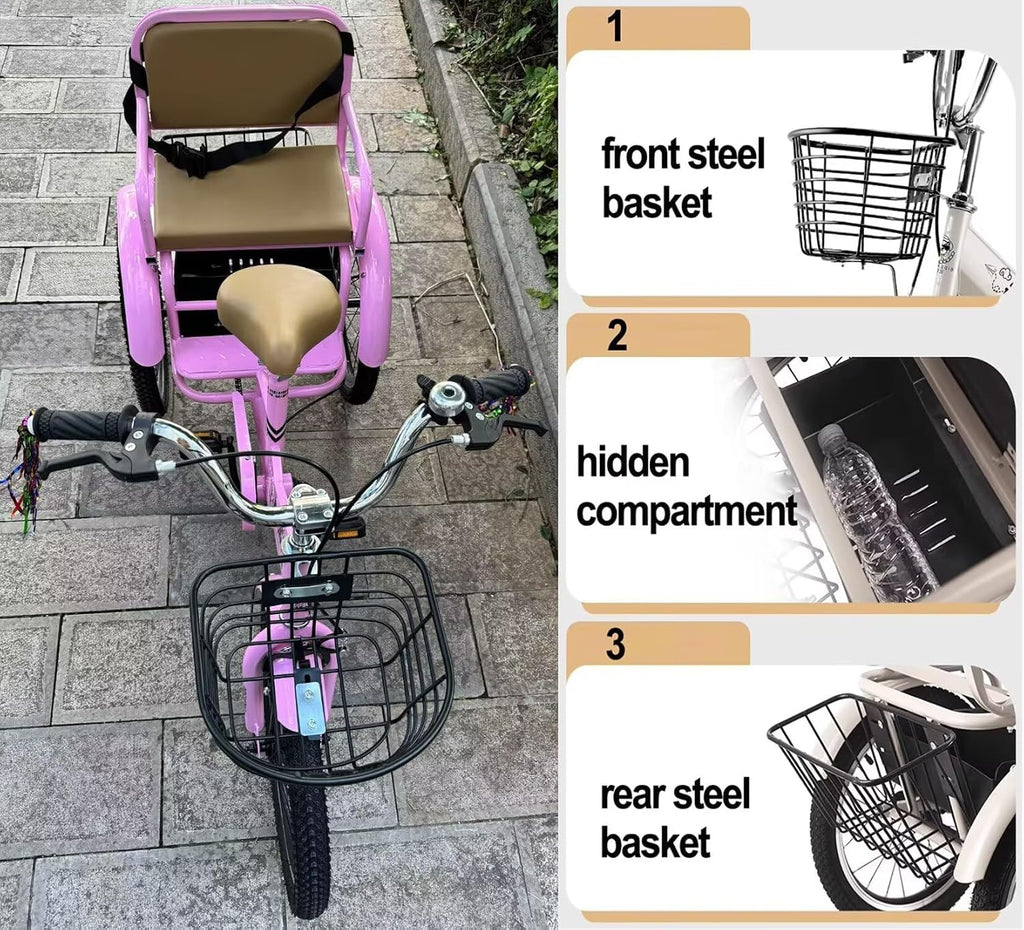 3 Wheels Bicycle,Rickshaw Tricycle with Pedals,Tandem Trike with Back seat,seat with Belt and armrest,Front and Rear Wheel Brakes,Outdoor Cruiser Bike,Pneumatic tire Spoke Wheels