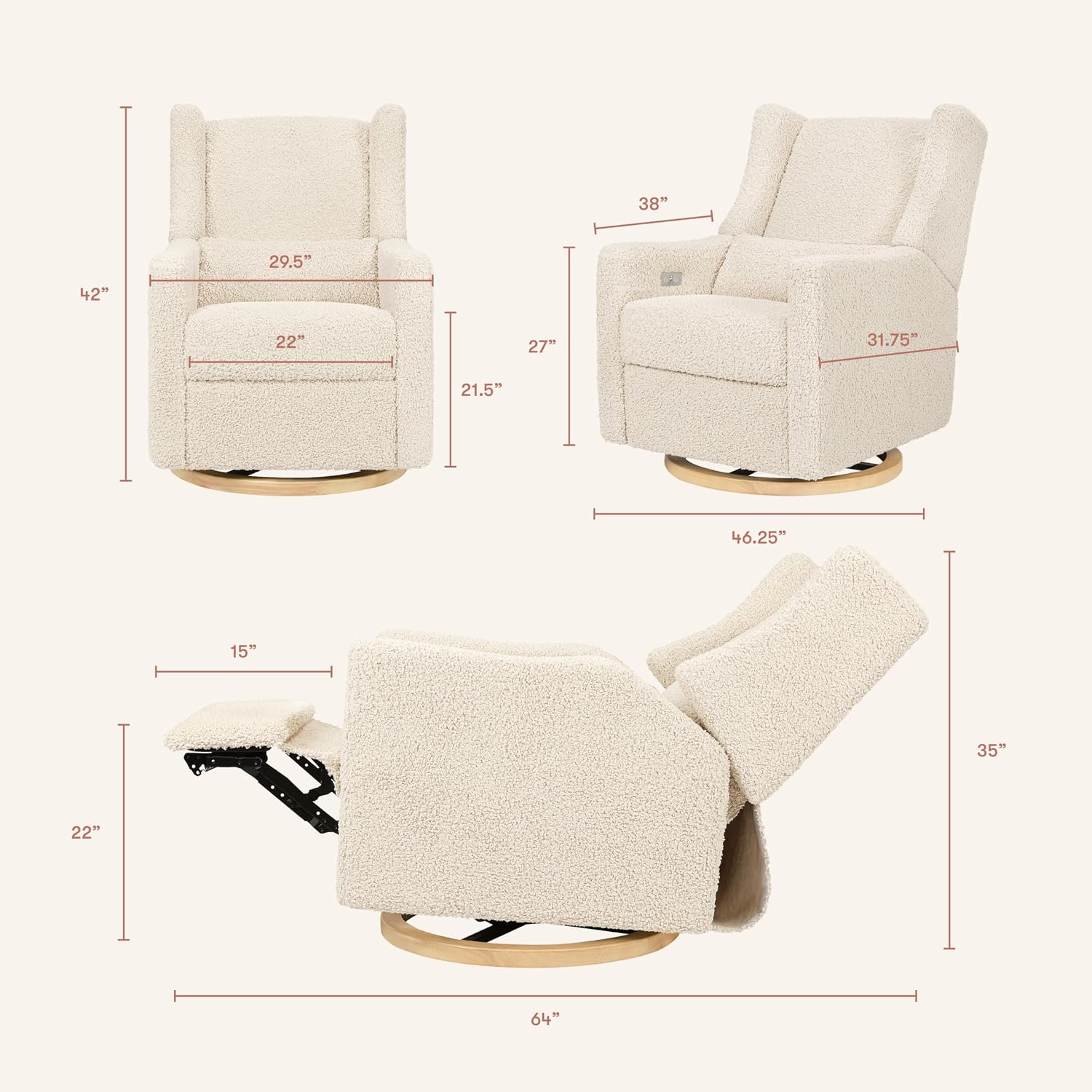 Kiwi Glider Recliner w/Electronic Control and USB | in Almond Teddy Loop w/Light Wood Base, Greenguard Gold Certified