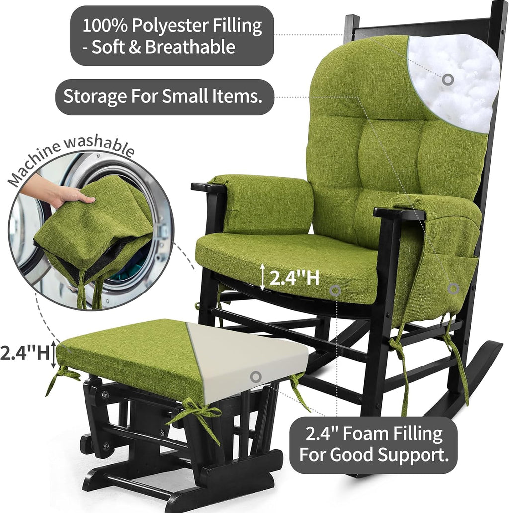 BUYUE Glider Rocker Replacement Cushion 5 PCS with Ties, Linen High-Density Foam Non-Slip & Washable Rocking Chair Pads for Sitting, Grass Green