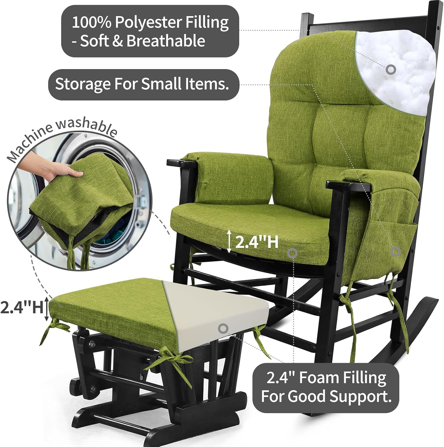 BUYUE Glider Rocker Replacement Cushion 5 PCS with Ties, Linen High-Density Foam Non-Slip & Washable Rocking Chair Pads for Sitting, Grass Green