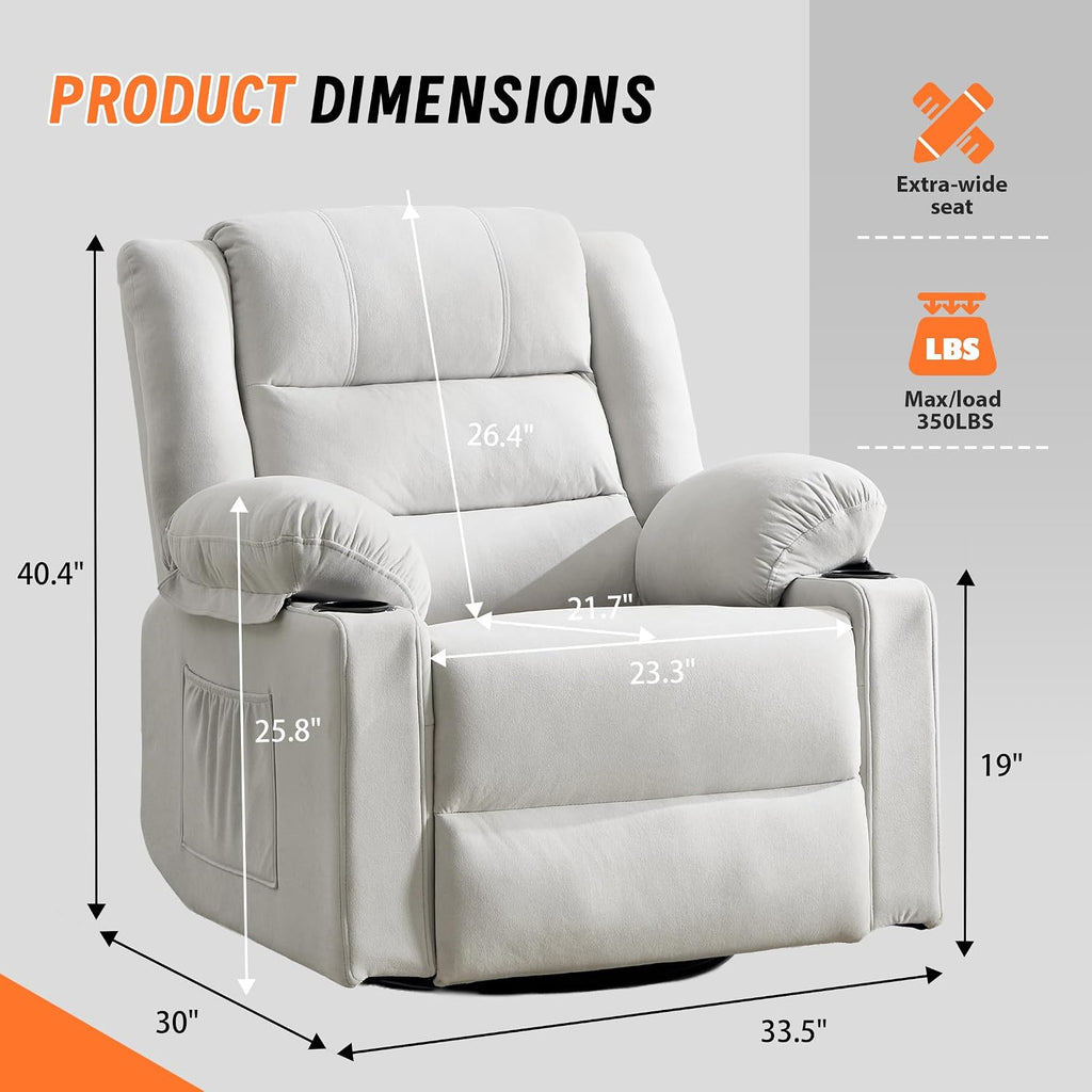 360°Swivel Rocker Recliner Chair for Adults,Manual Glider Recliner Sofa with Massage and Heating, Nursery Rocking Chairs with Cup Holds for Living Room Bedroom (Beige)