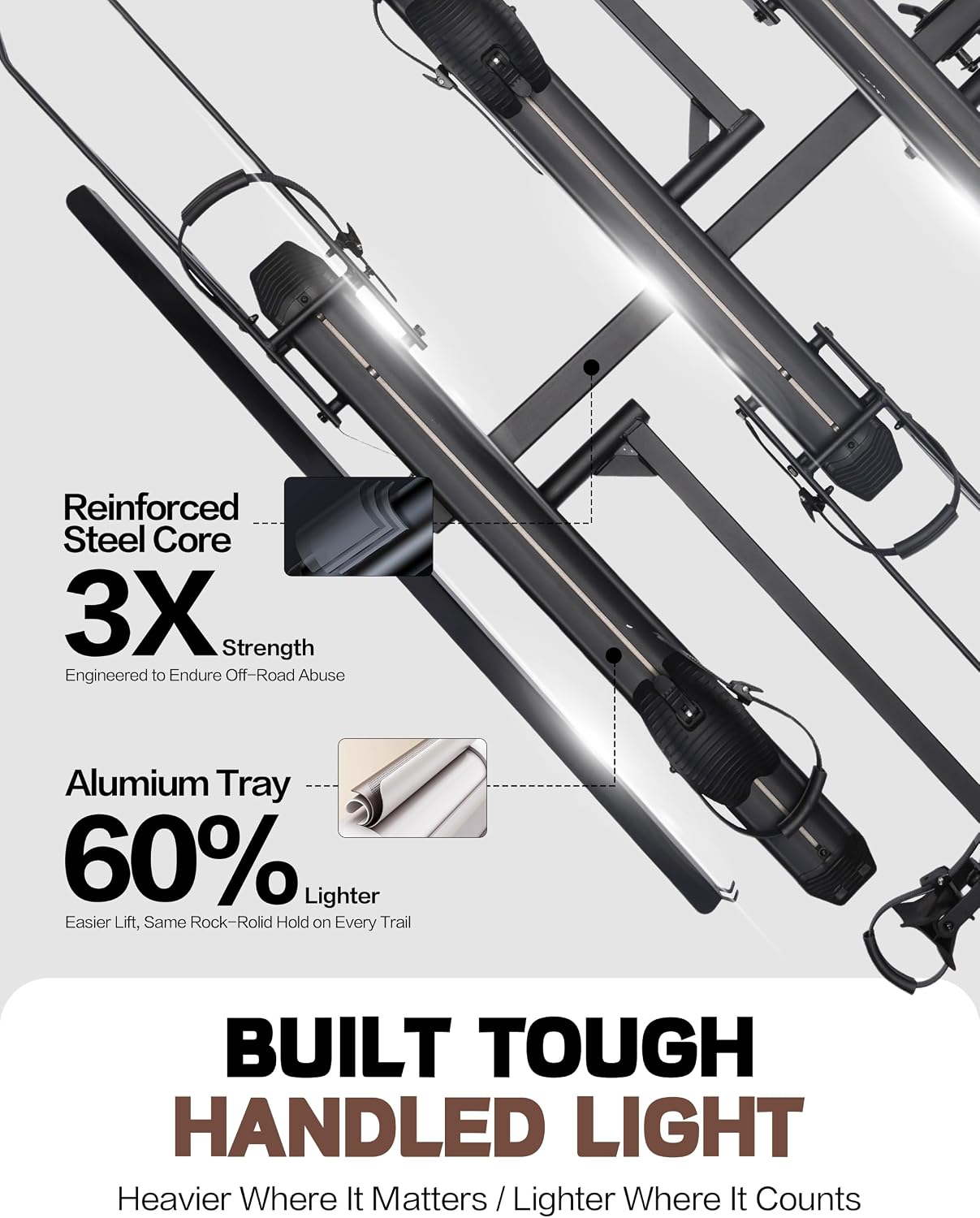 Young 250LBS. Capacity Foldable Aluminum 3-Ebike Rack with Ramp for Car SUV RV Truck Trailer and Van, Fits up to 5' Fat Tire Width and 50' Wheelbase, Ebike Carrier Rack for 2' Receiver