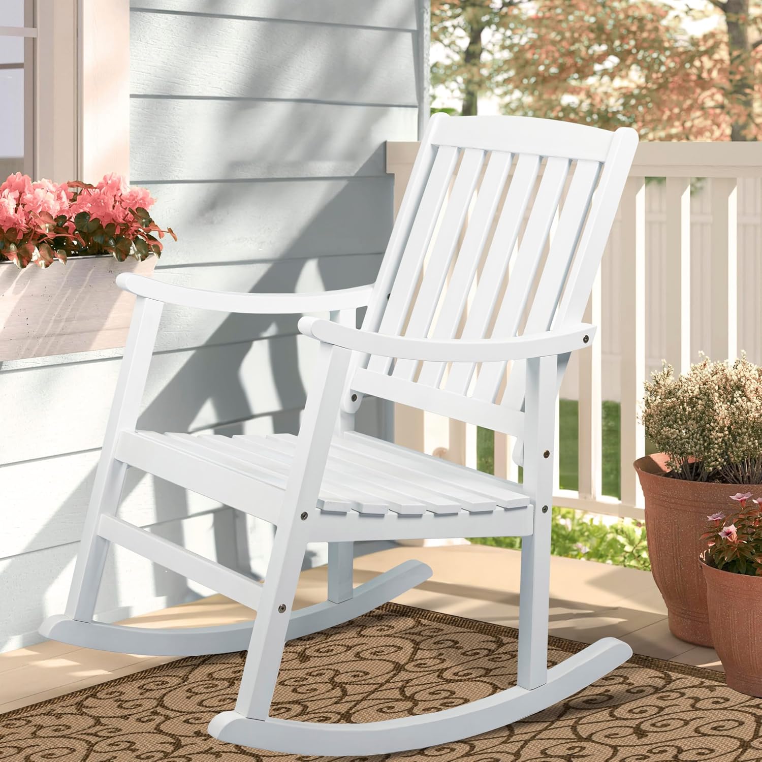 JONATHAN Y RCK102C Penny Classic Slat-Back 300-Lbs Support Acacia Wood Patio Outdoor Rocking Chair for Garden, Lawn, Backyard, Pool, Deck, Beach, Firepit, White