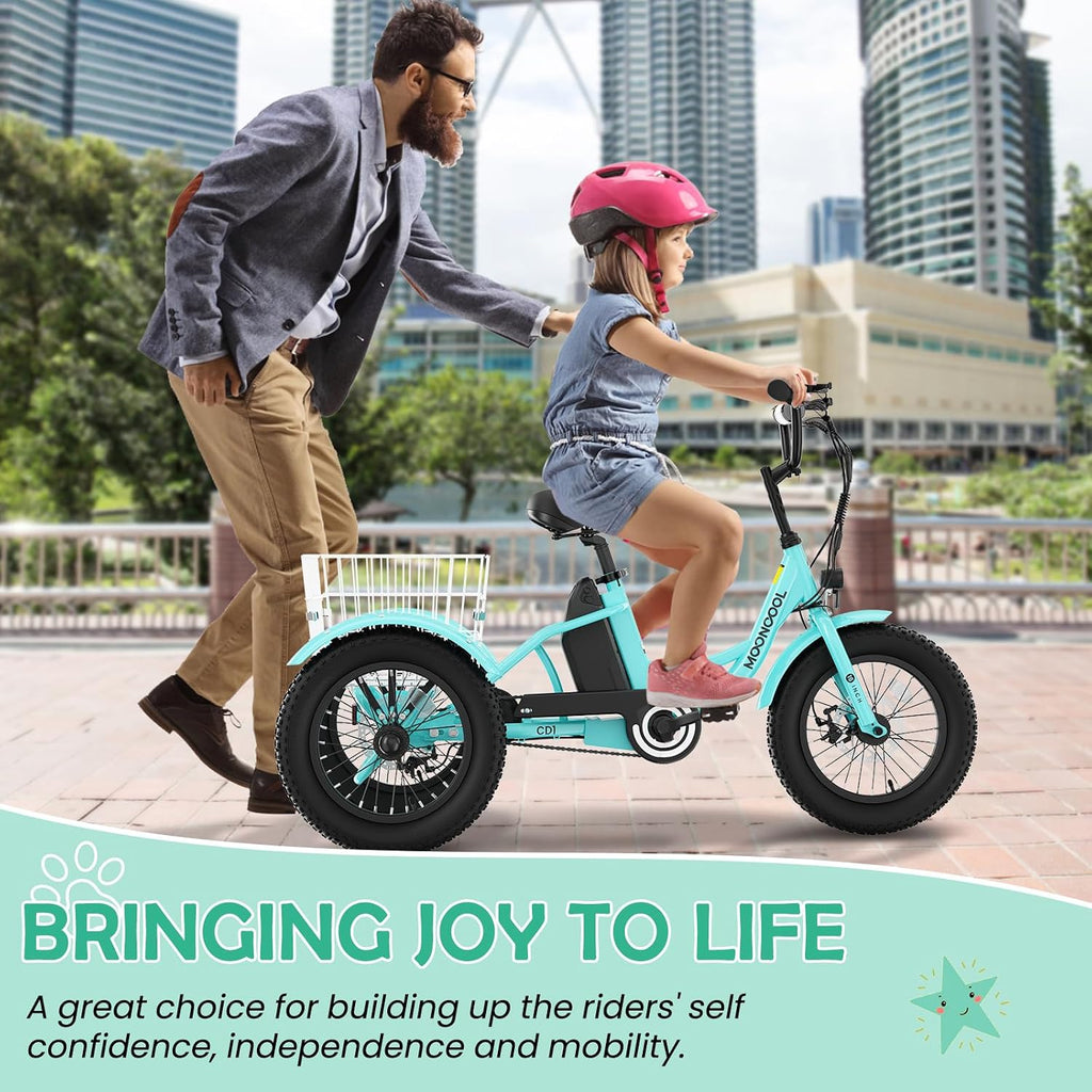 LILYPELLE Electric Tricycle for Youth, 250W Aluminum Frame Electric Tricycle Etrike, 16IN 3 Wheels Electric Bicycle Bikes, 3.0 Fat Tire Electric Trike with Removable Battery and Rear Basket