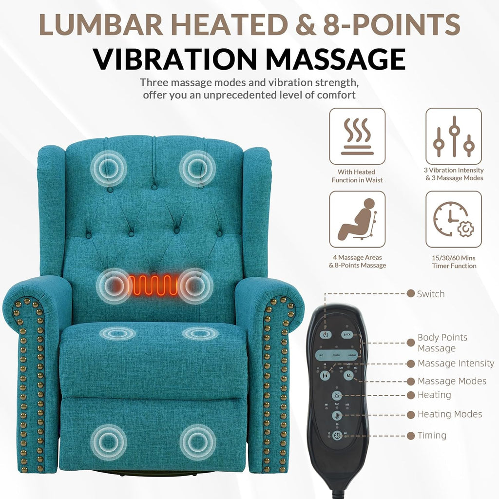 Power Swivel Rocking Glider Recliner Chair with Massage and Heat, Electric Nursery Glider Rocker for Living Room, Wingback Tufted Upholstered Recliner Chair with Type-C & USB Ports, Teal