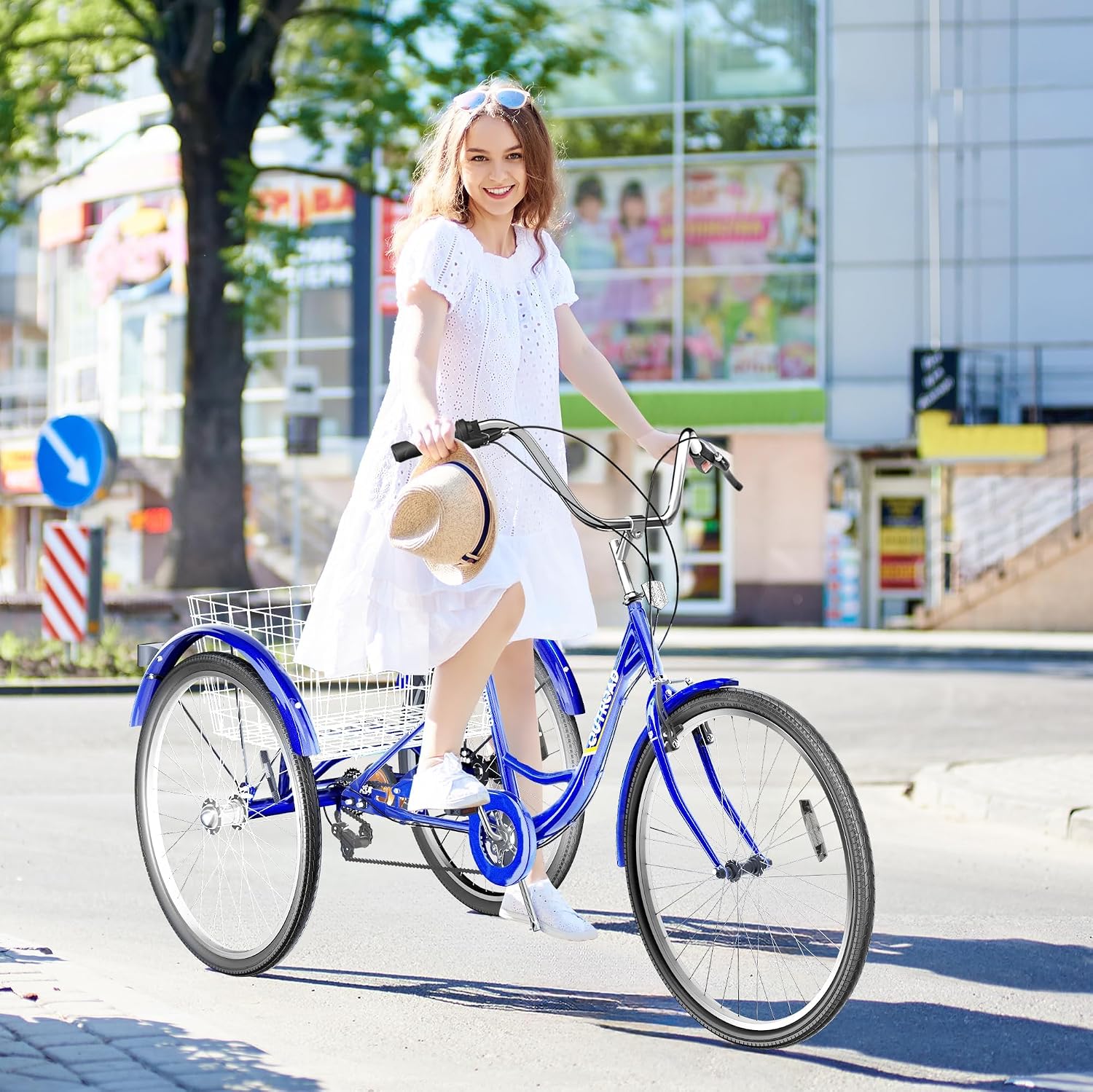 Max4out Adult Tricycle with Large Basket 24/26 Inch, Stable 3 Wheel Cruise Bicycle for Shopping, Beach and City Trike Perfect for Men, Women, Seniors（Blue/Purple/Red）