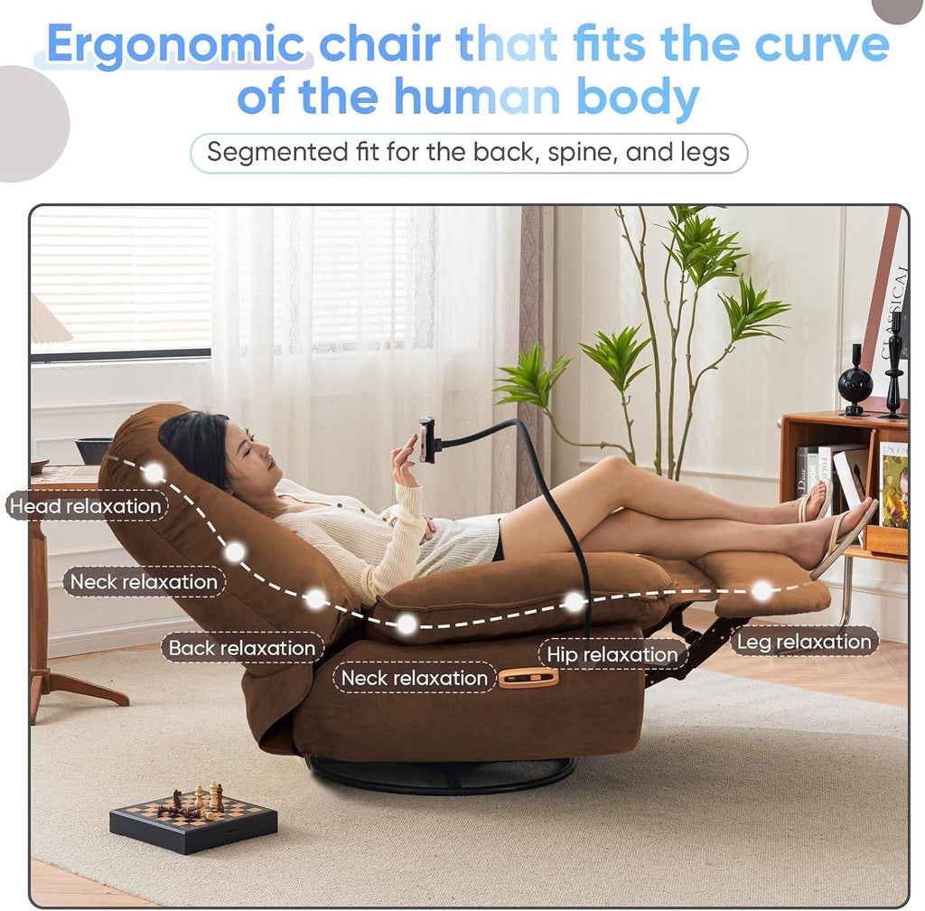Smart Oversized Electric Recliner Chair, 360° Round Swivel Rocking Glider Rocker for Adults Modern Comfy Ergonomic Chaise Lounge Indoor, Theater Seating Living Room Chairs Reading, Dark Brown Fabric