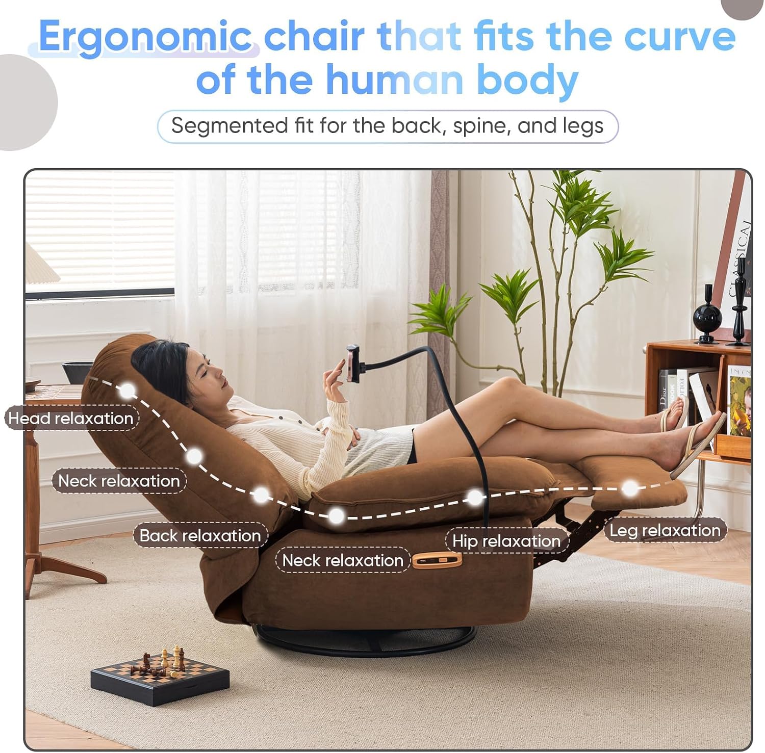 Smart Oversized Electric Recliner Chair, 360° Round Swivel Rocking Glider Rocker for Adults Modern Comfy Ergonomic Chaise Lounge Indoor, Theater Seating Living Room Chairs Reading, Dark Brown Fabric