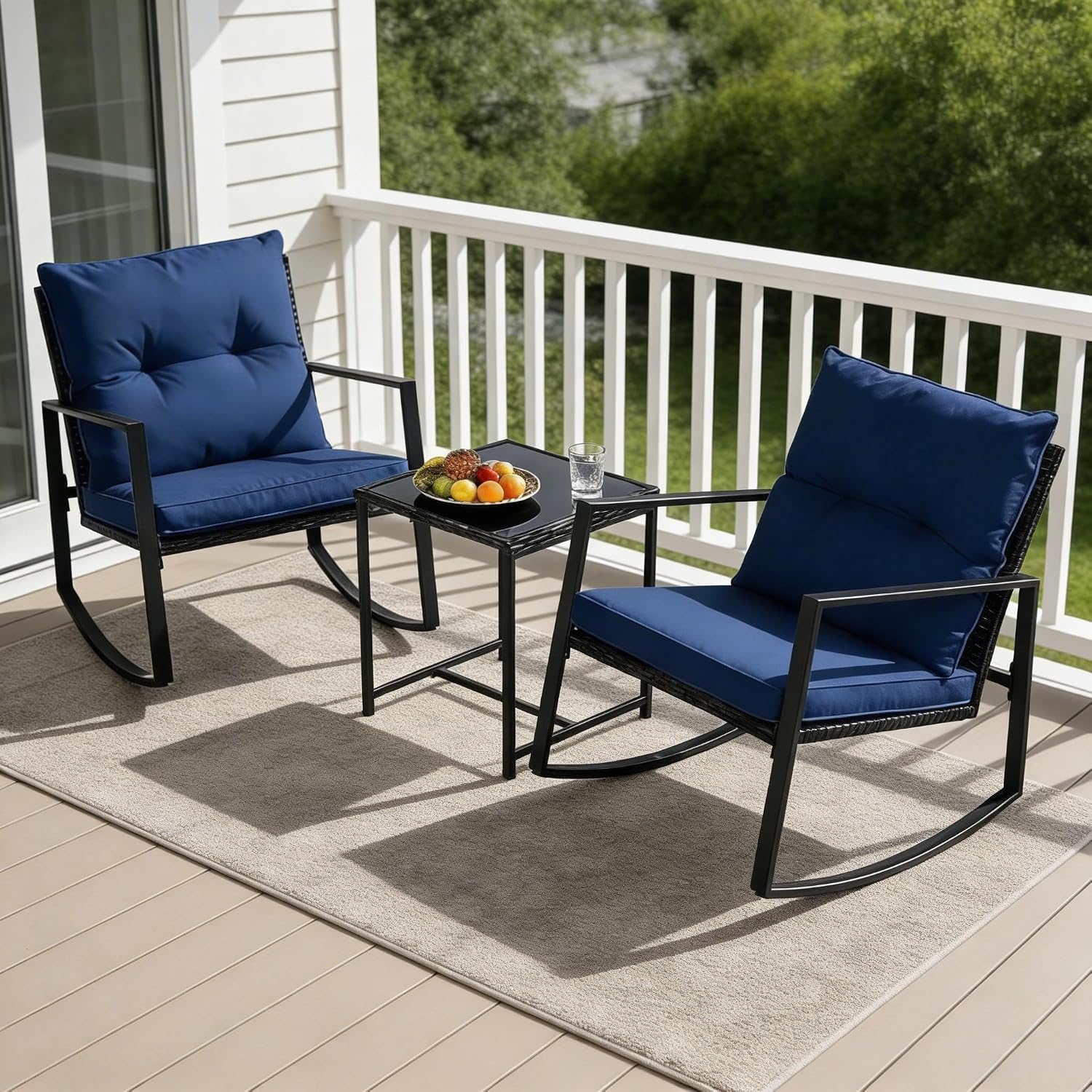 SUNCROWN 3 Piece Outdoor Rocking Bistro Set Black Wicker Furniture Porch Chairs Conversation Sets with Glass Coffee Table, Dark Blue