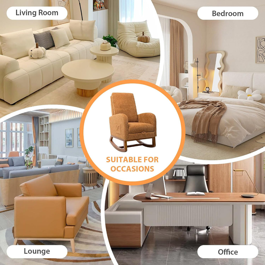 Aoiy & Wifon Rocking Chair Nursery, Modern Nursery Rocking Chairs with Side Pocket & Footrest, Upholstered Rocking Chair Nursery Glider, Boucle, Caramel