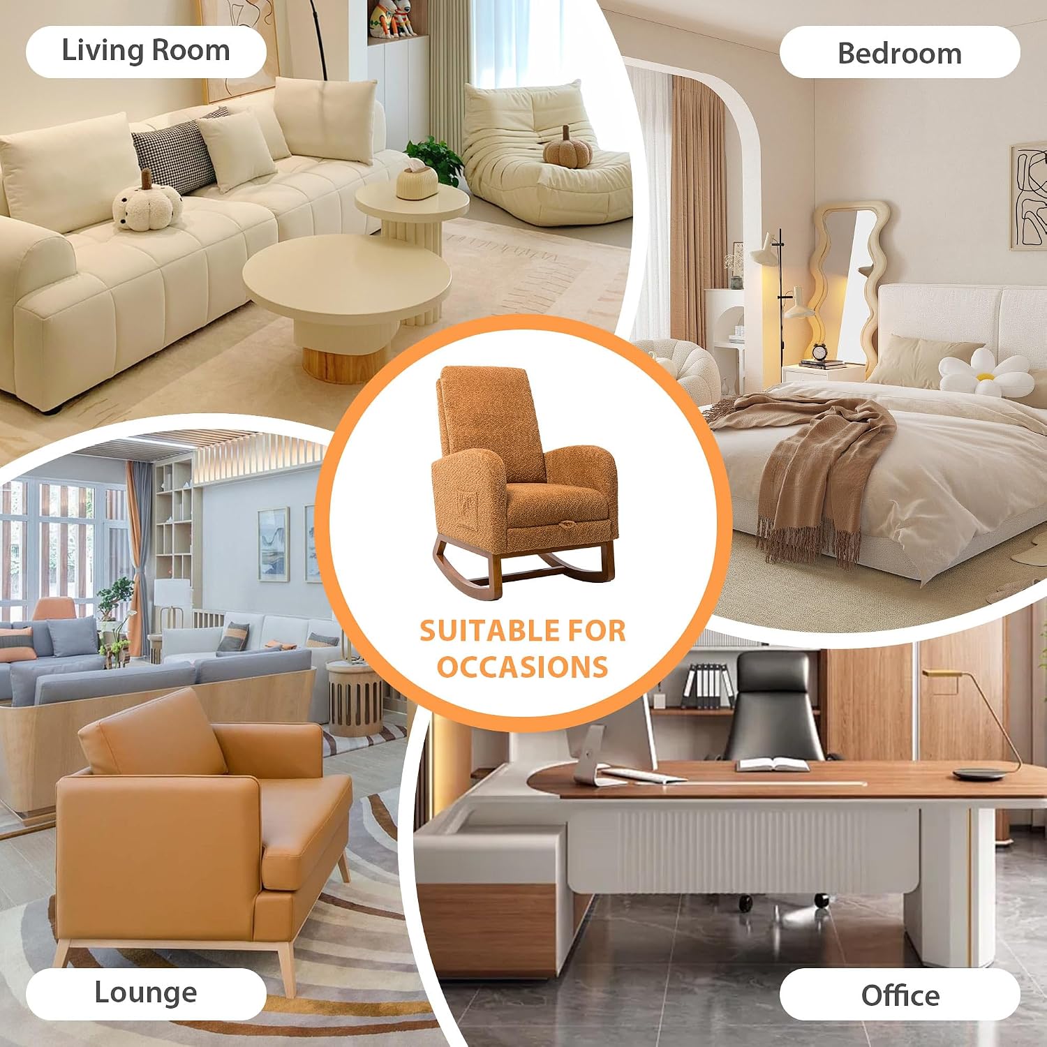 Aoiy & Wifon Rocking Chair Nursery, Modern Nursery Rocking Chairs with Side Pocket & Footrest, Upholstered Rocking Chair Nursery Glider, Boucle, Caramel