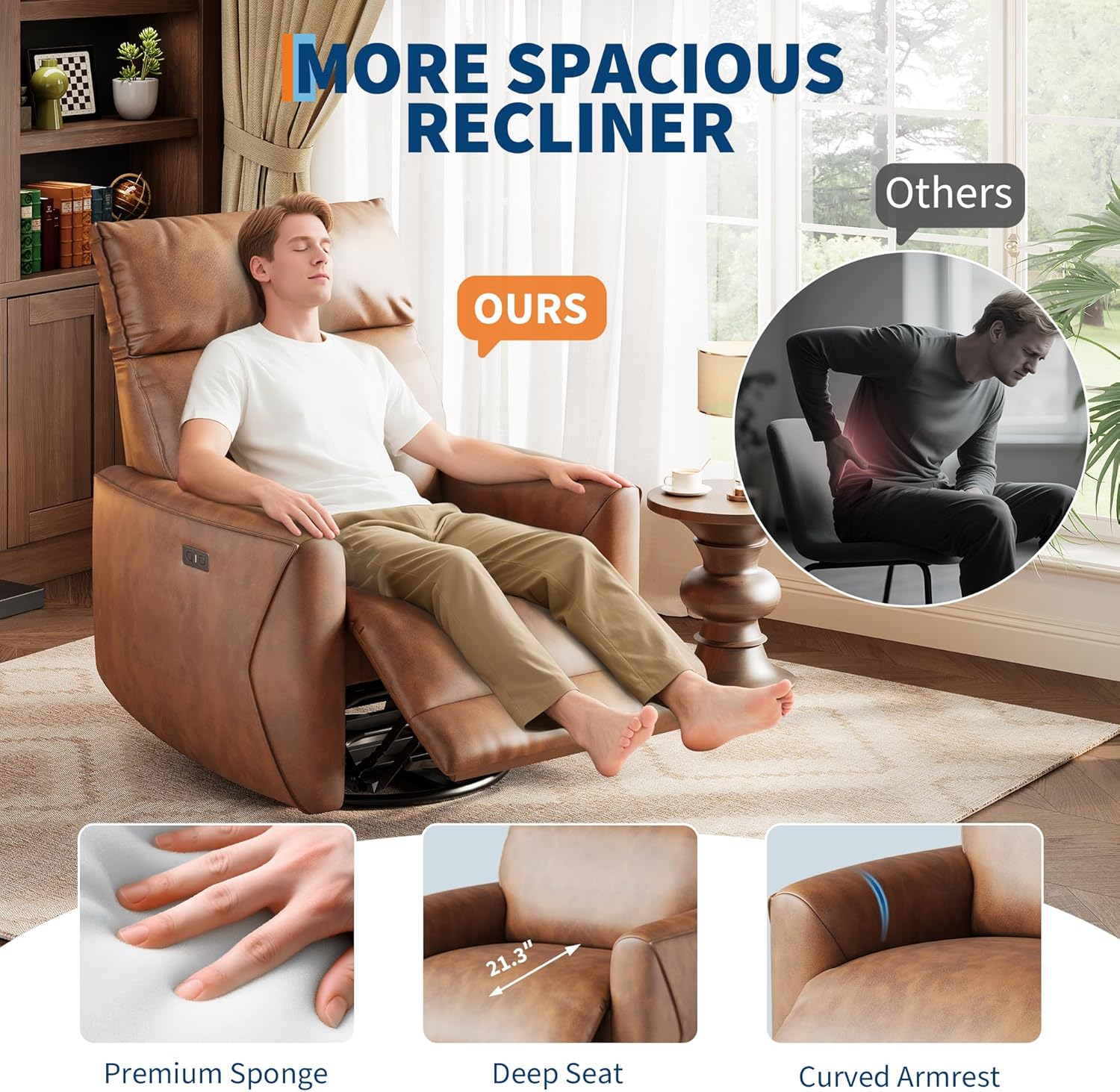 Power Recliner Chair, 270° Swivel Glider with USB Charging Port, Large PU Leather Seat, Wide 22.4', Ergonomic High Back for Living Room, Nursery (Power Walnut)
