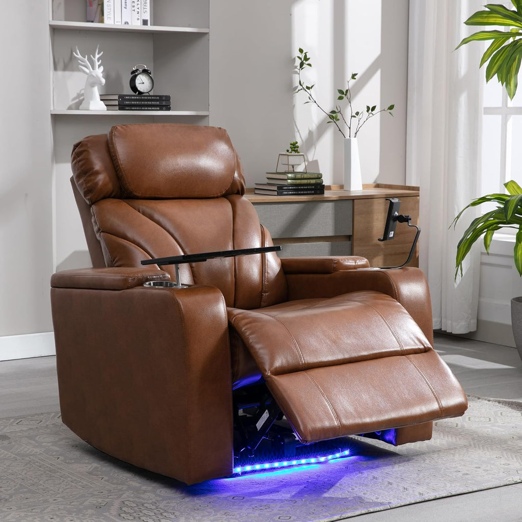 JIVOIT Power Motion Recliner Electric Power Recliner with Hidden Arm Storage, Cup Holder, Phone Holder, Tray Table, Faux Leather Rocker Chair for Small Spaces (Light Brown/78)