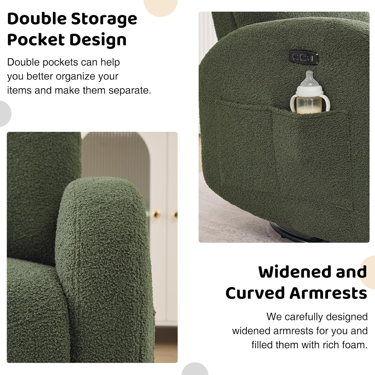 Power Nursery Glider Recliner, Boucle Swivel Rock Recliner with USB & Type-C, Nursery Rocking Chair Recliner with Double Pockets and Lumbar Support for Adult, Teddy Green