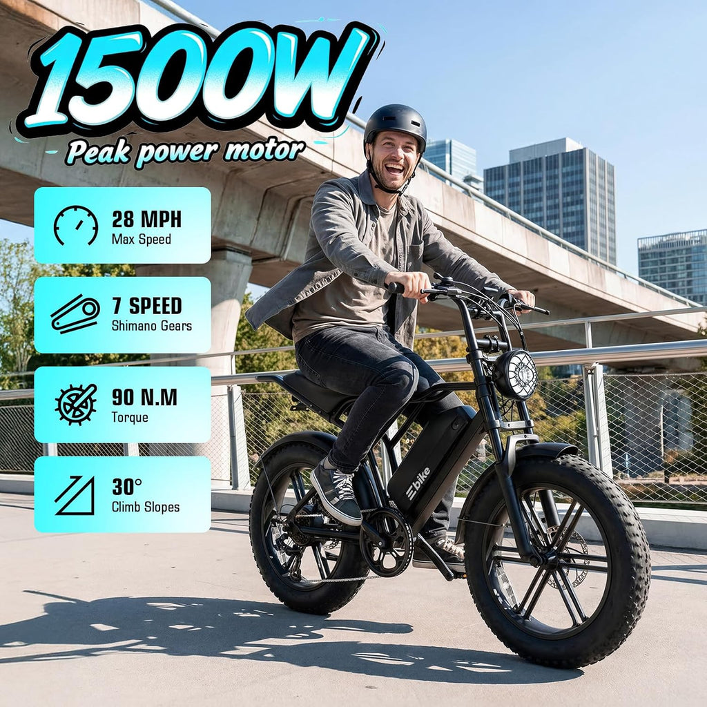 TST Electric Bike for Adults, 1500W Peak Motor 60/100 Miles Fat Tire Ebike with 48V 15Ah/25Ah Removable Battery 20' Electric Dirt Bike Full Suspension and 7-Speed
