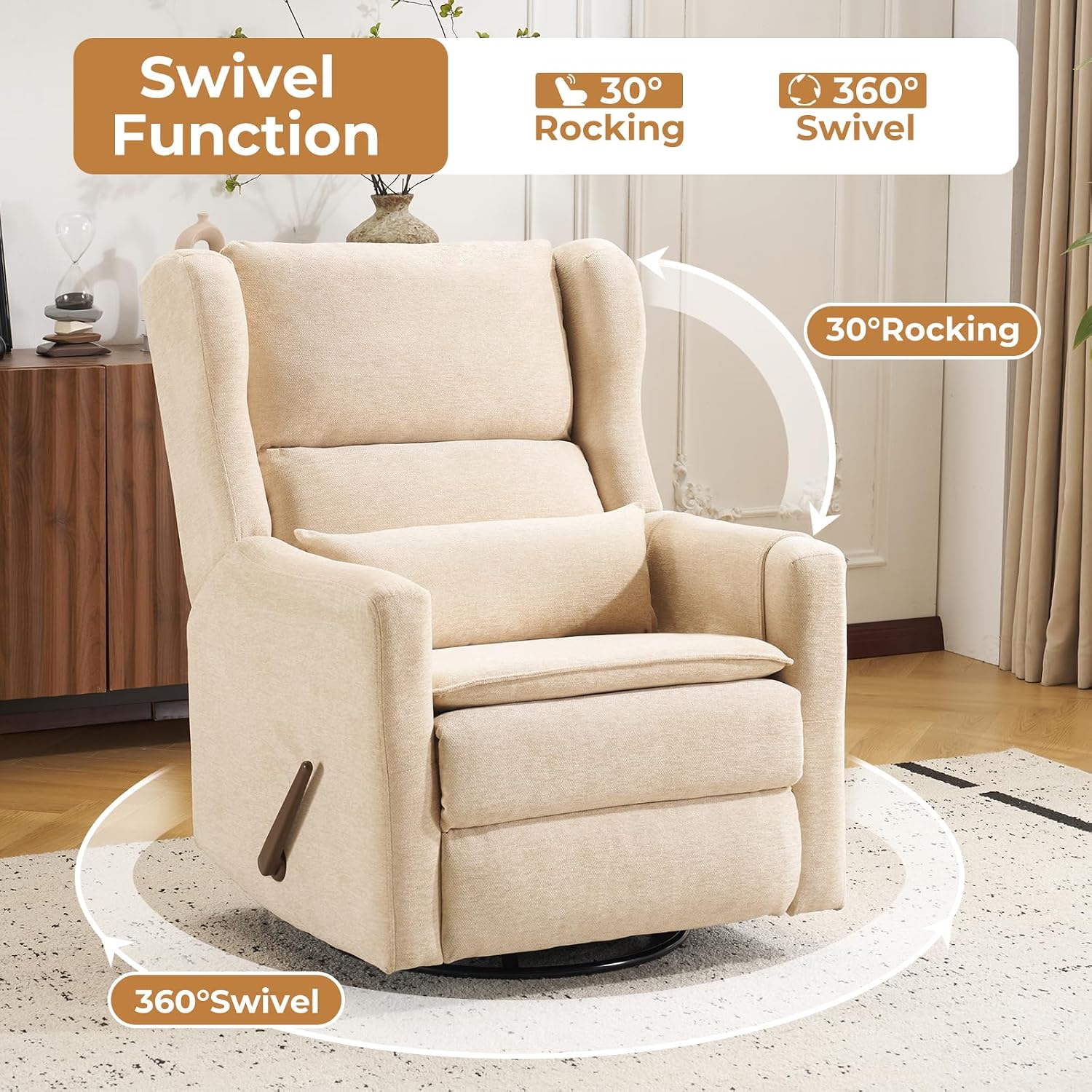 Large Glider Rocker Recliner,Rocking Chair Nursery with Adjustable Headrest,Swivel Rocker Recliner with Lumbar Support,Manual Nursery Rocker Recliner for Living Room& Bedroom,Chenille Beige