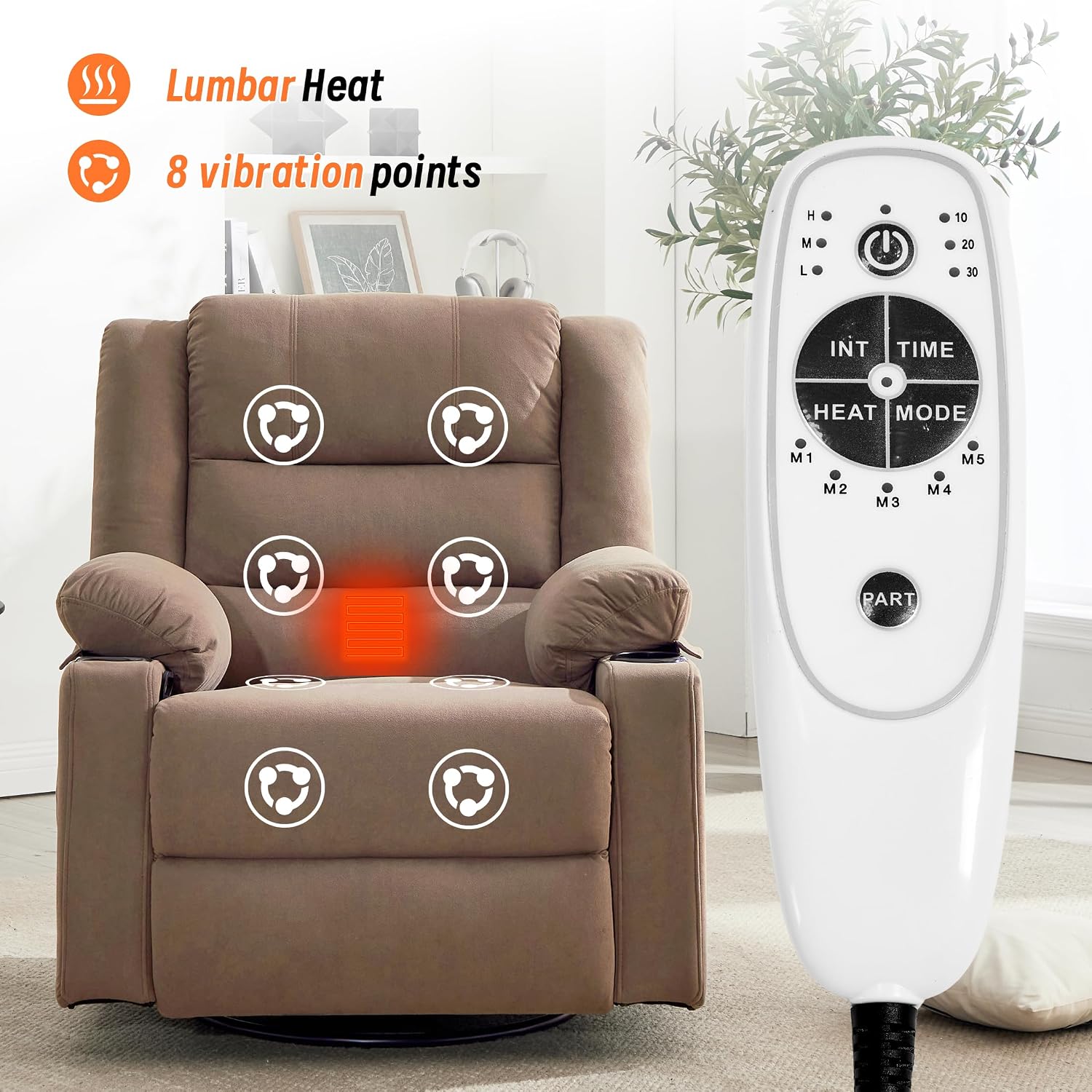360°Swivel Rocker Recliner Chair for Adults,Manual Glider Recliner Sofa with Massage and Heating, Nursery Rocking Chairs with Cup Holds for Living Room Bedroom (Light Mocha)