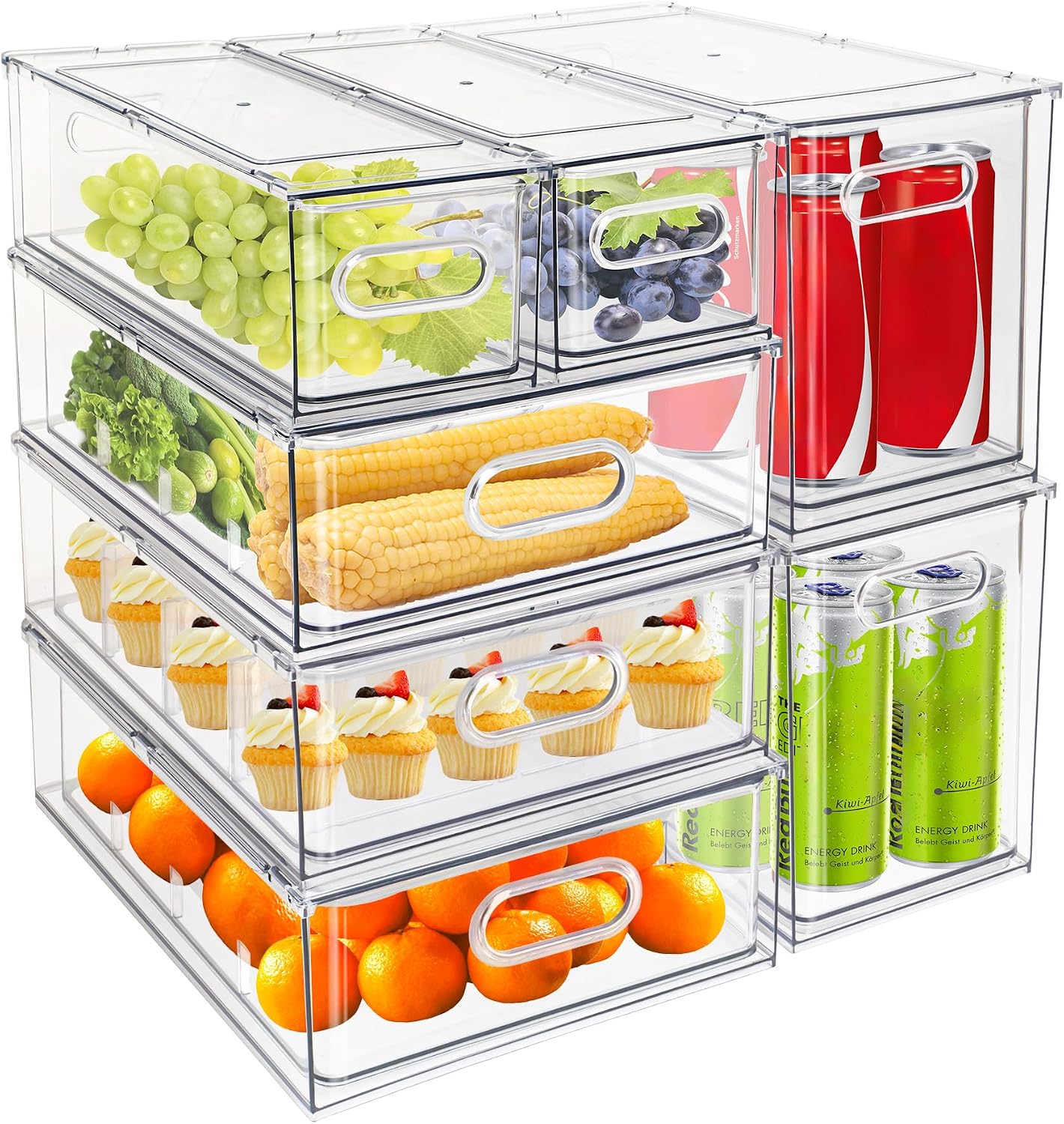 7 pack Stackable Refrigerator Organizer Bins Pull-Out Drawers for Fruit and Veggies Storage Organizer for Fridge Clear Drawer Containers with Handle Divided Organization for Produce Saver