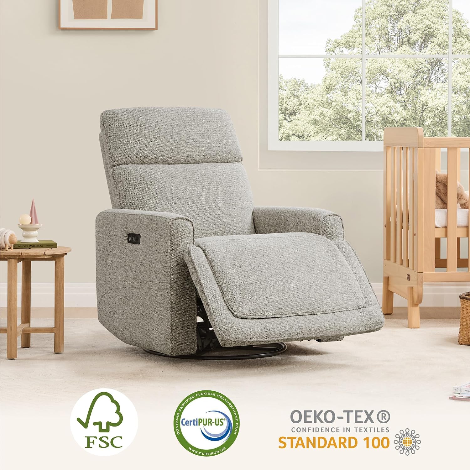 CHITA Power Recliner Chair Swivel Glider with Adjustable Power Headrest, FSC Certified Electronic Modern Nursery Rocking Chair with USB and Type-C Ports, Light Grey