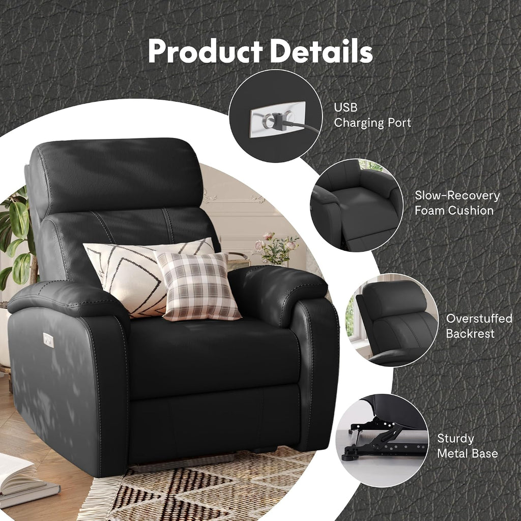 FLEXISPOT X3 Power Recliner Chair, Adjustable Electric Recliner with USB Port, Thick Cushion & Padded Back, Comfortable Faux Leather Chair for Living Room Bedroom Home Theater (Black)
